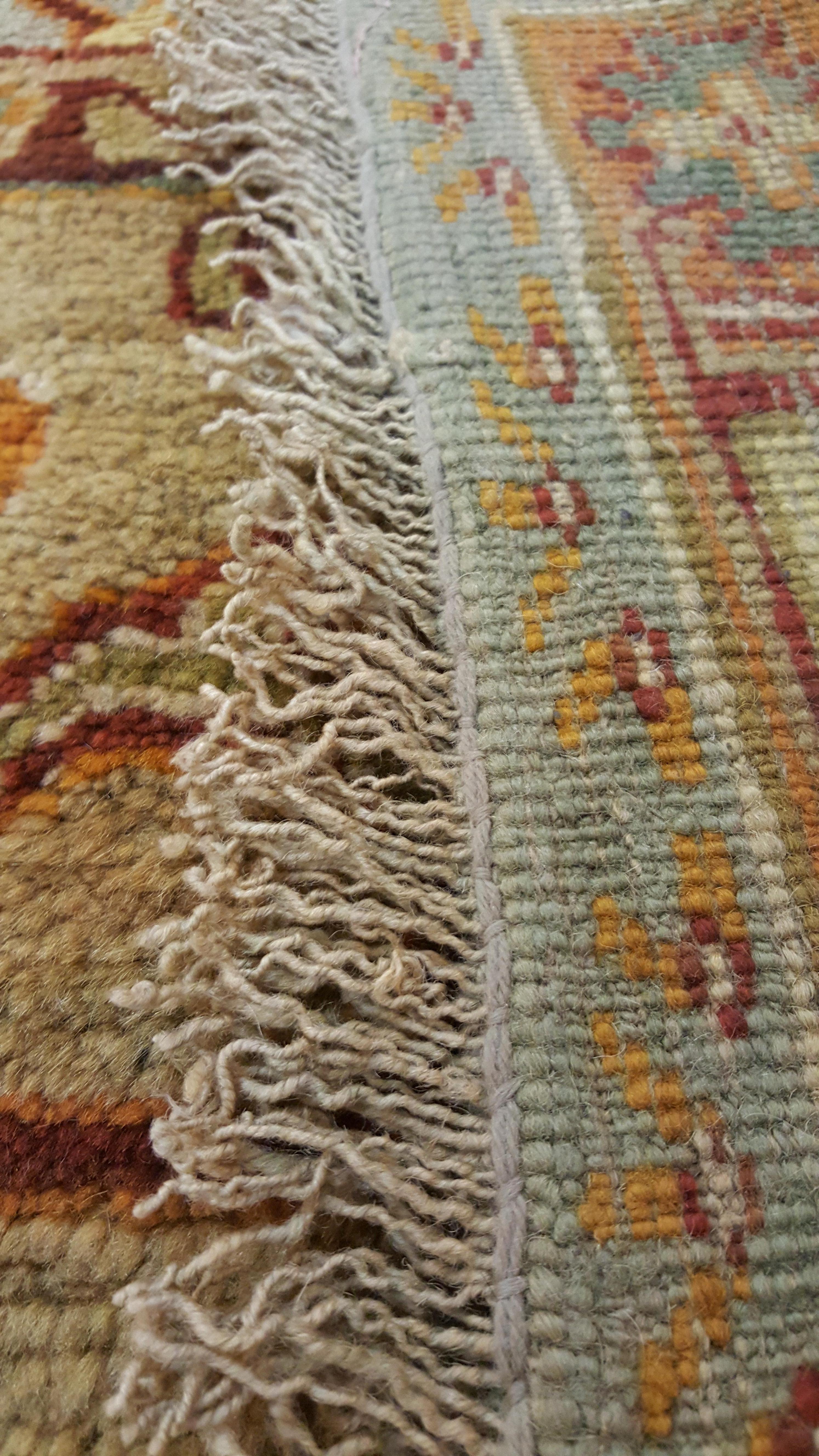 Antique Oushak Carpet, Handmade Oriental Rug, Soft Saffron Light Gray Light Blue For Sale 2