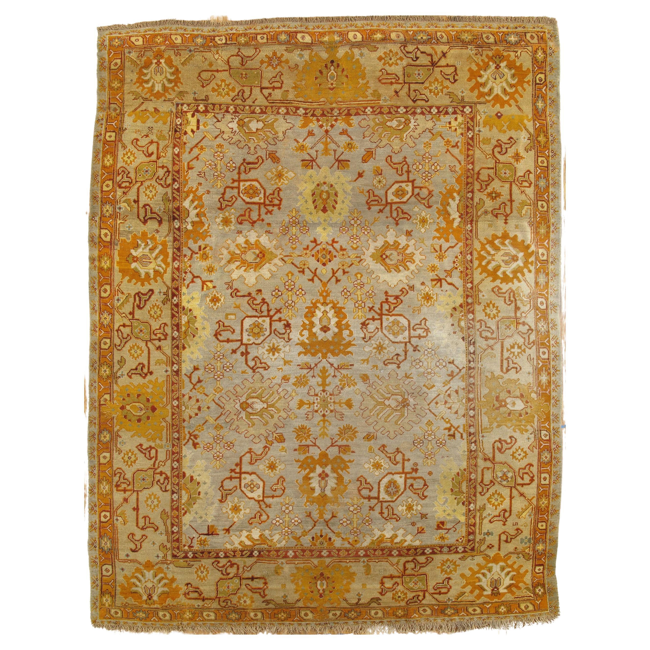 Antiker antiker Oushak-Teppich, handgefertigter orientalischer Teppich, weiches Safran, hellgrau und hellblau