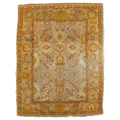 Antique Oushak Carpet, Handmade Oriental Rug, Soft Saffron Light Gray Light Blue