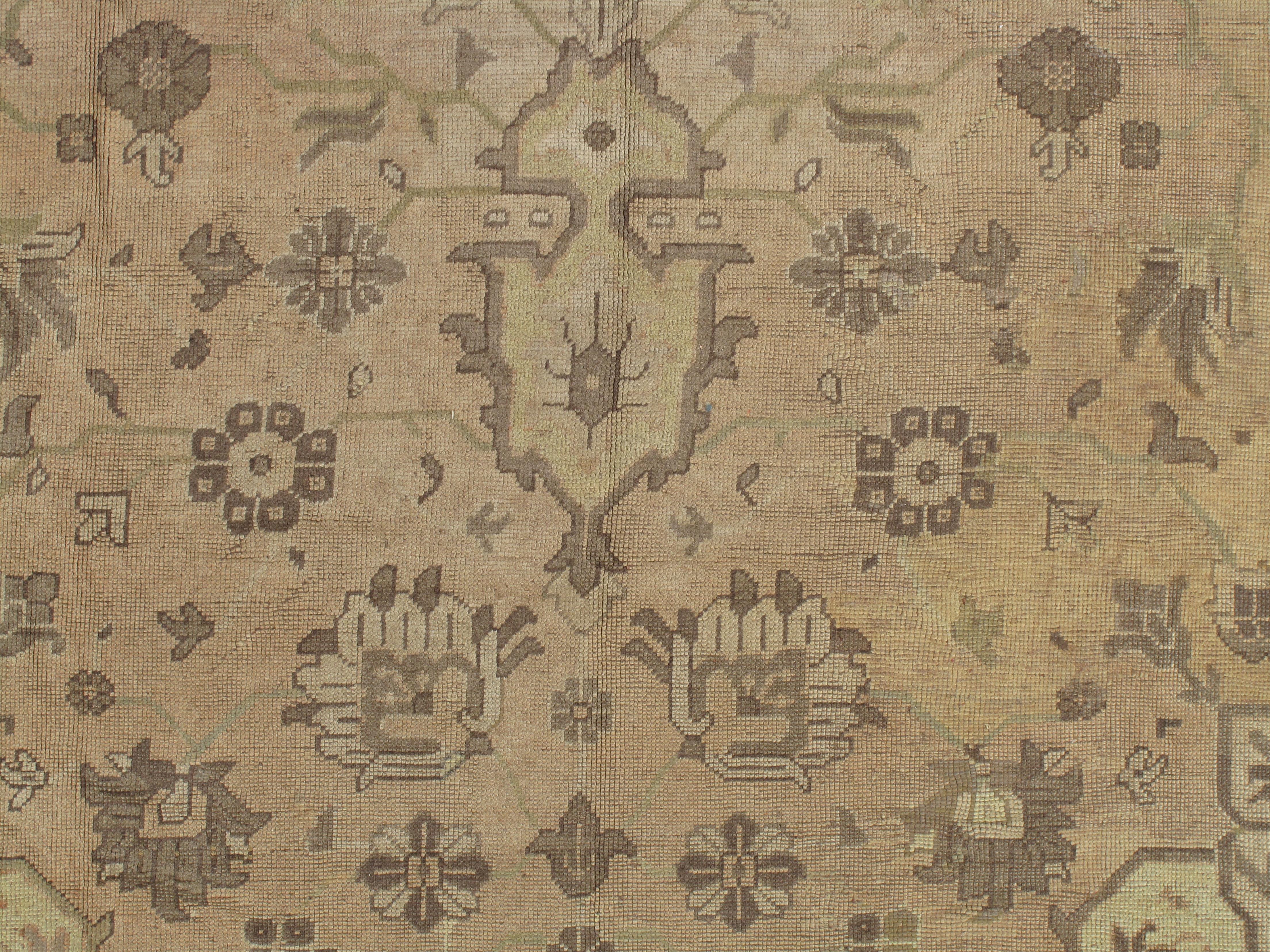 Hand-Knotted Antique Oushak Carpet, Handmade Oriental Rug, Soft, Taupe, Brown, Beige For Sale