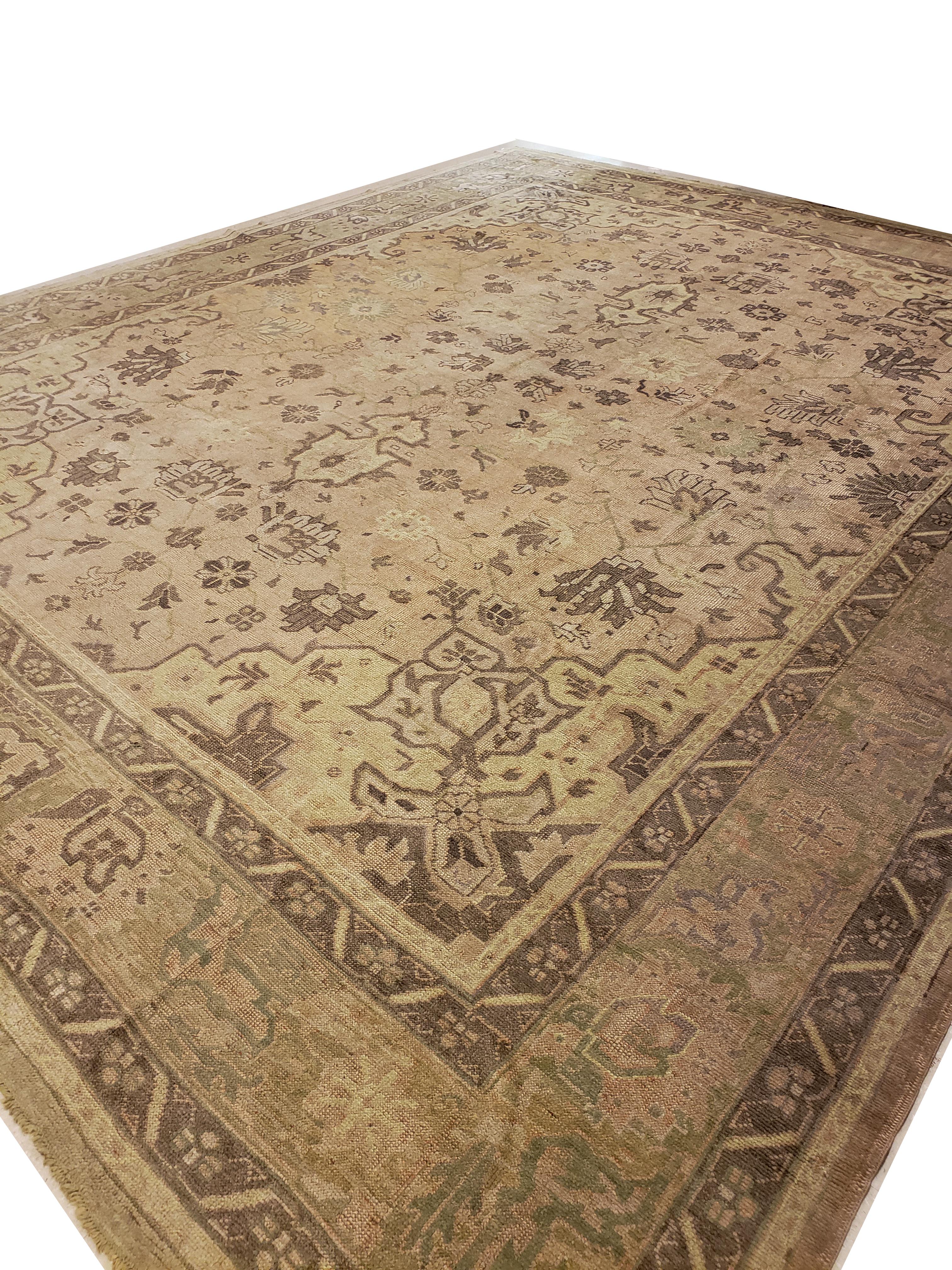 Antique Oushak Carpet, Handmade Oriental Rug, Soft, Taupe, Brown, Beige For Sale 1