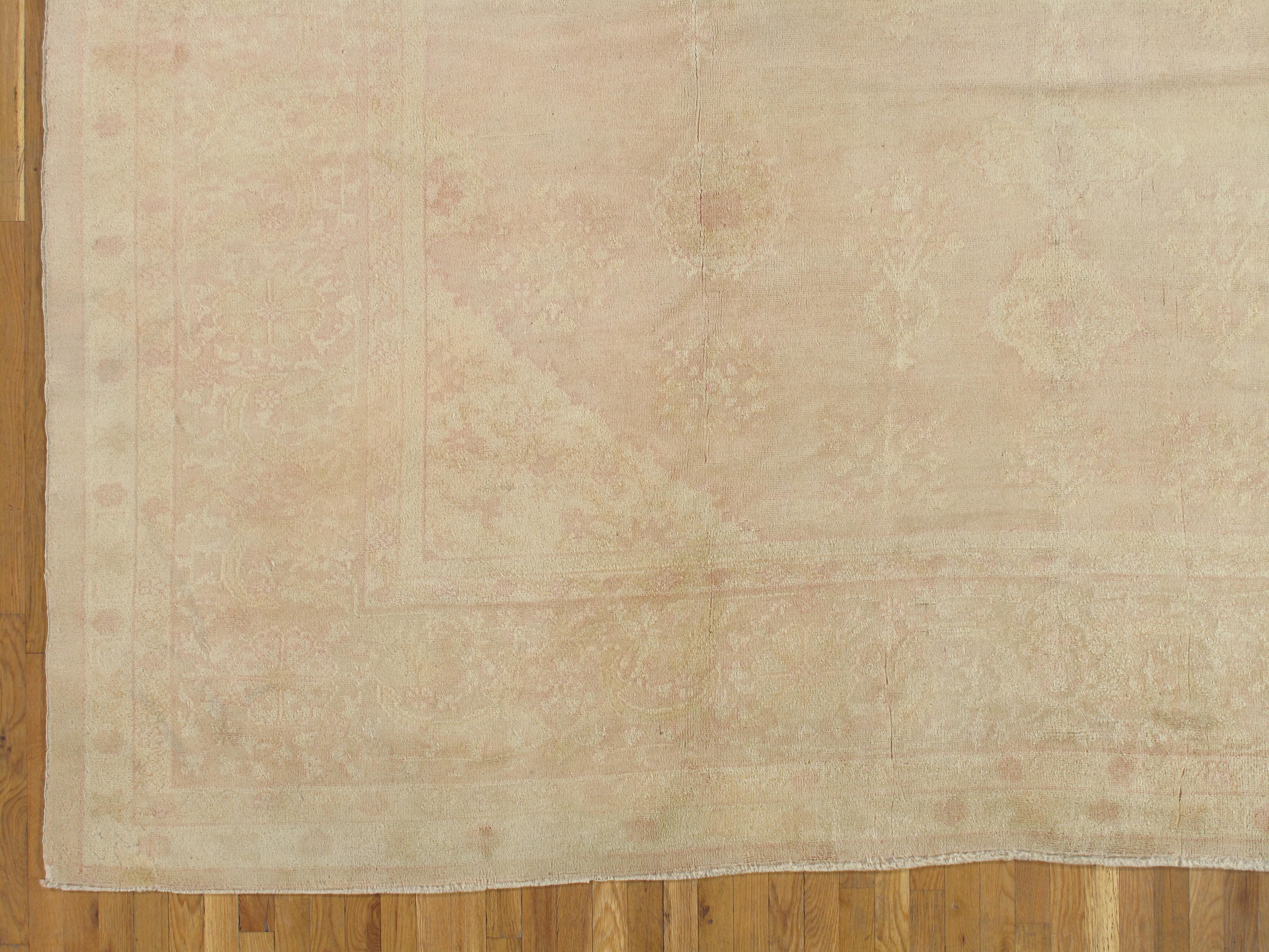Antique Oushak Carpet, Handmade Oriental Rug, Soft Taupe, Light Cream, Pale For Sale 3