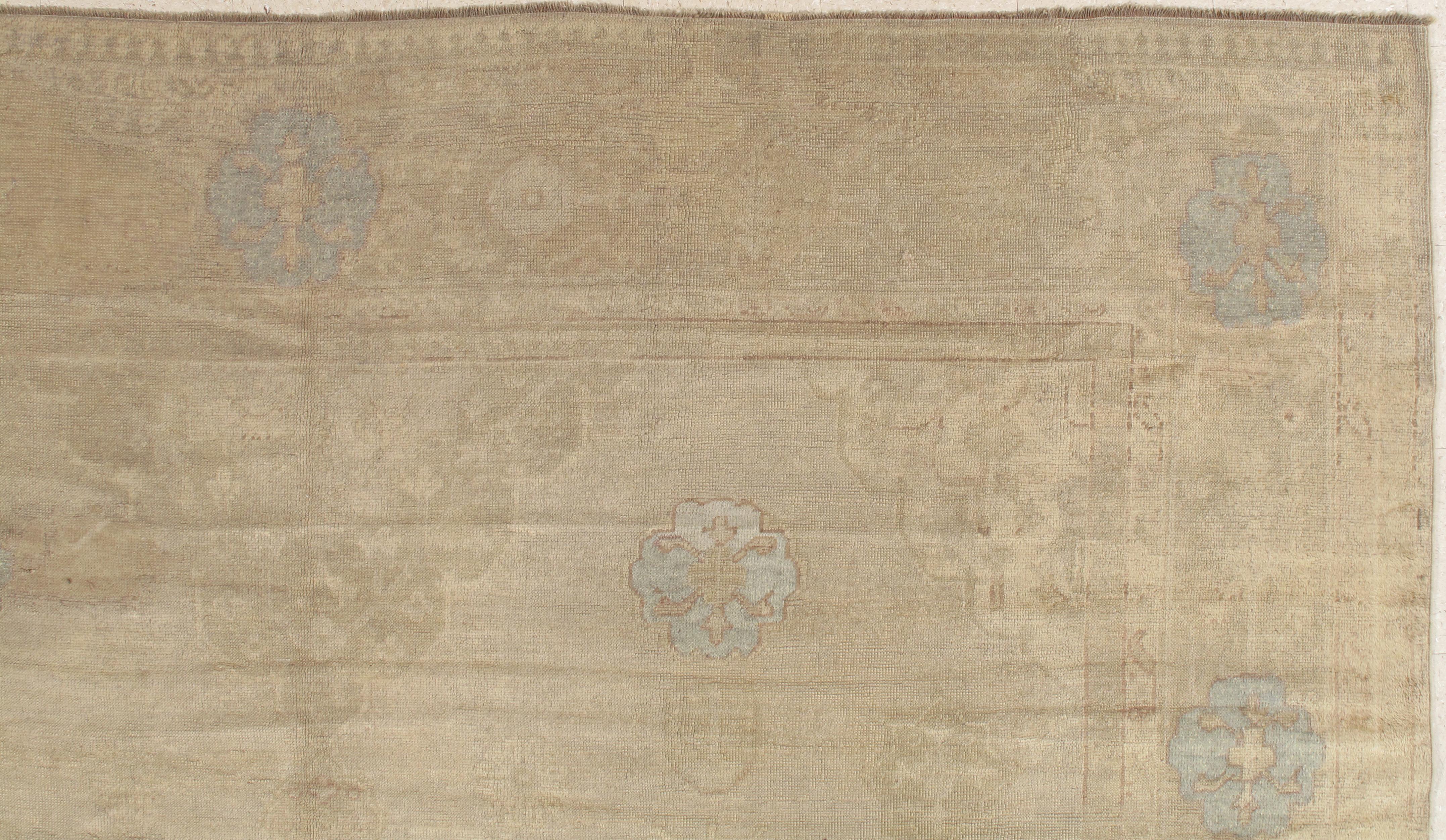 Turkish Antique Oushak Carpet, Handmade Oriental Rug, Soft Taupe, Light Gray, Light Blue For Sale