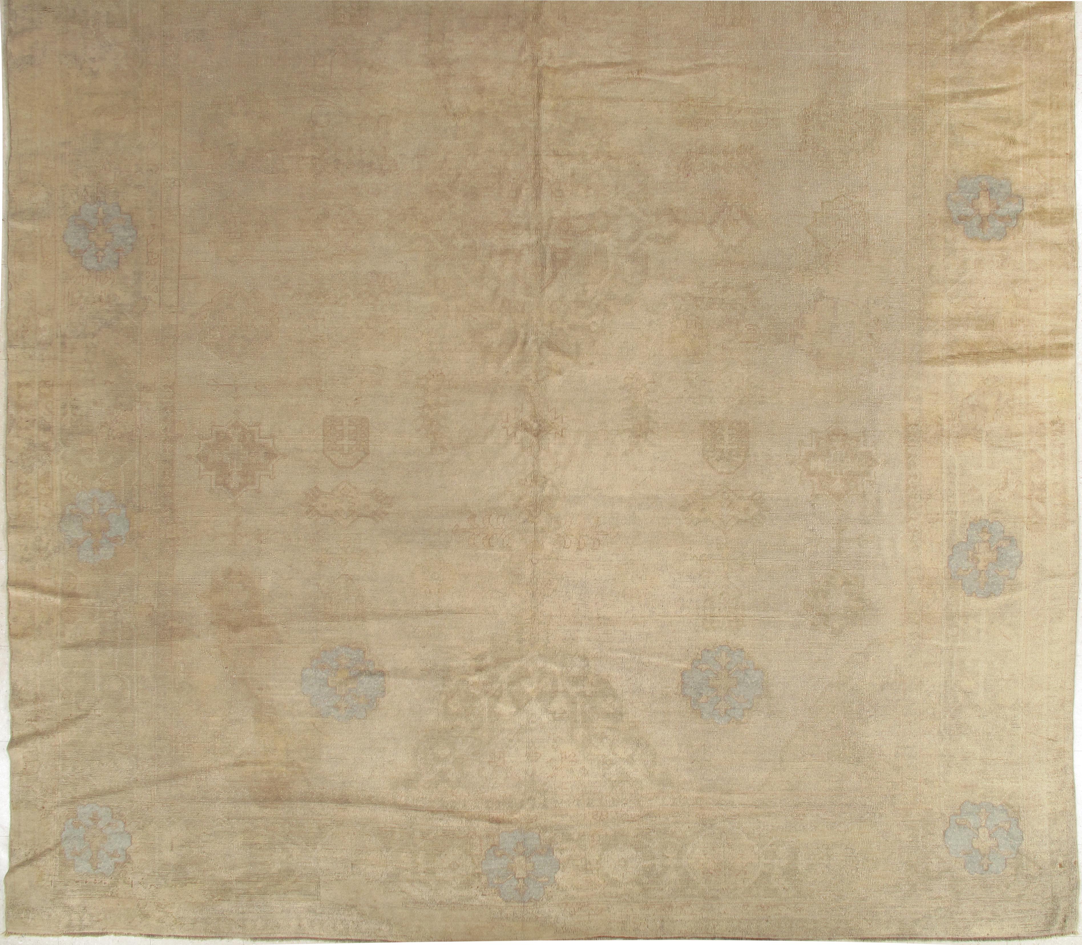 Wool Antique Oushak Carpet, Handmade Oriental Rug, Soft Taupe, Light Gray, Light Blue For Sale