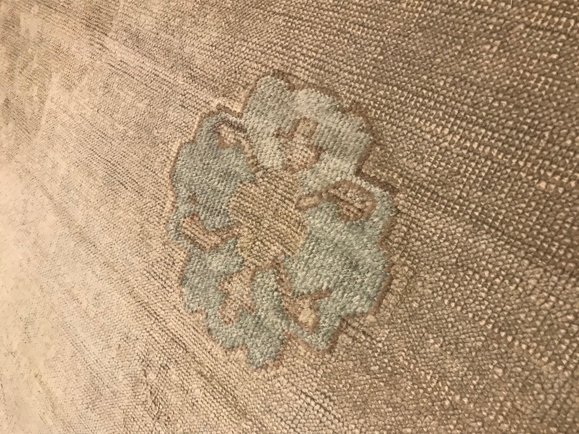 Antique Oushak Carpet, Handmade Oriental Rug, Soft Taupe, Light Gray, Light Blue For Sale 2