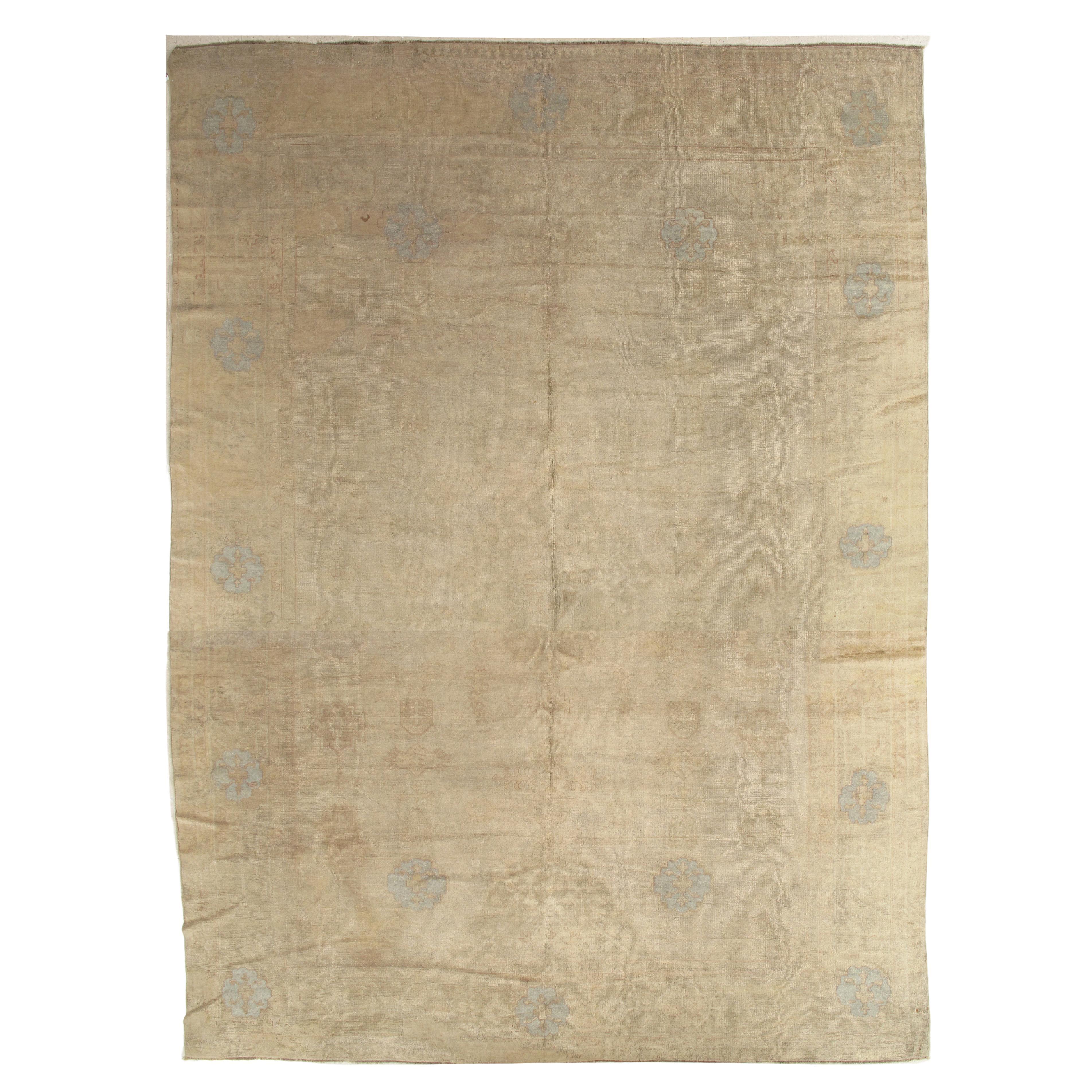 Antique Oushak Carpet, Handmade Oriental Rug, Soft Taupe, Light Gray, Light Blue