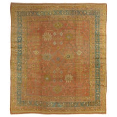Antique Oushak Carpet, Handmade Square Rug, Coral, Taupe, Light Blue, Saffron