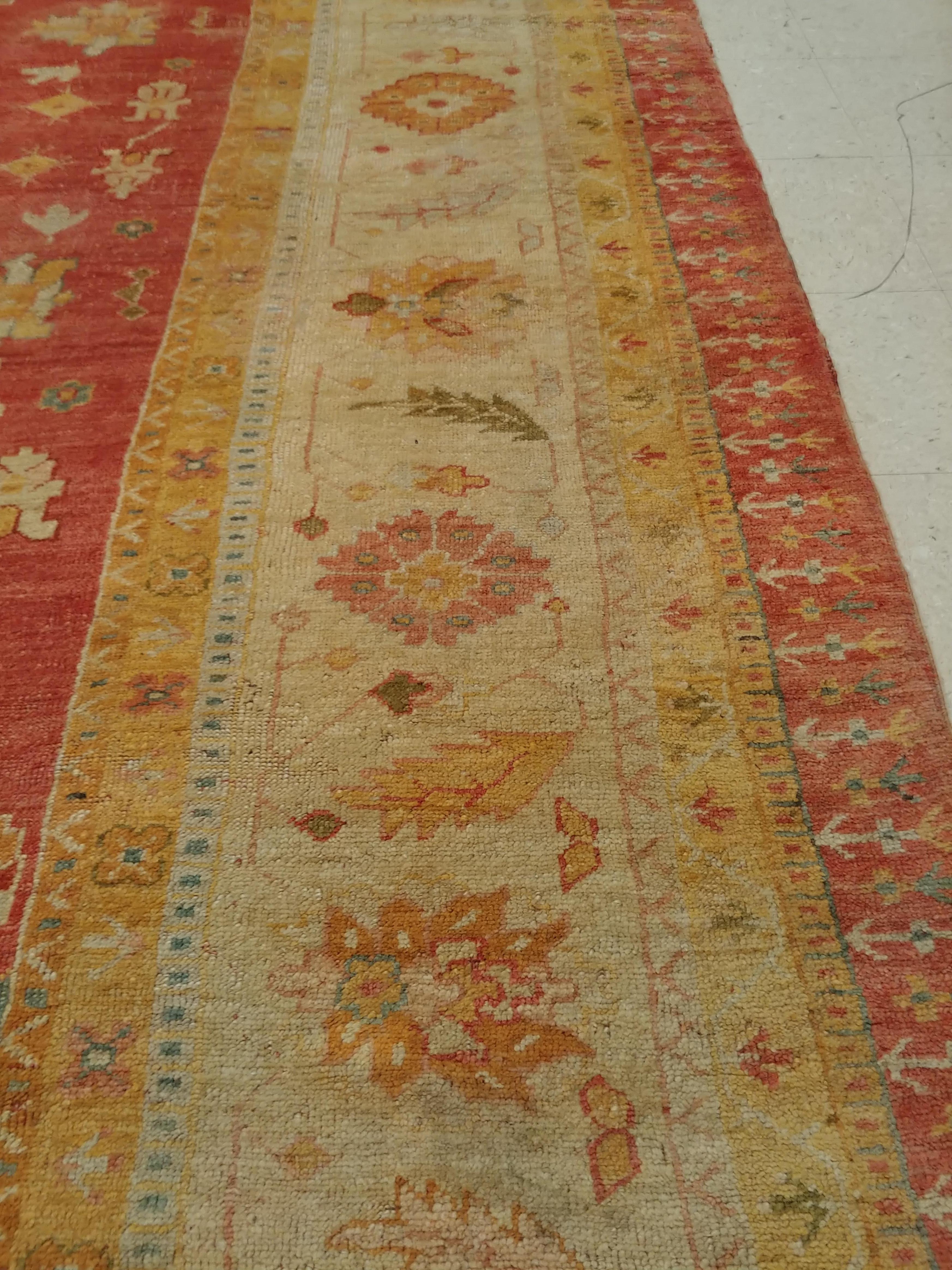 Antique Oushak Carpet, Handmade Turkish Oriental Rug, Beige, Coral, Light Blue For Sale 3