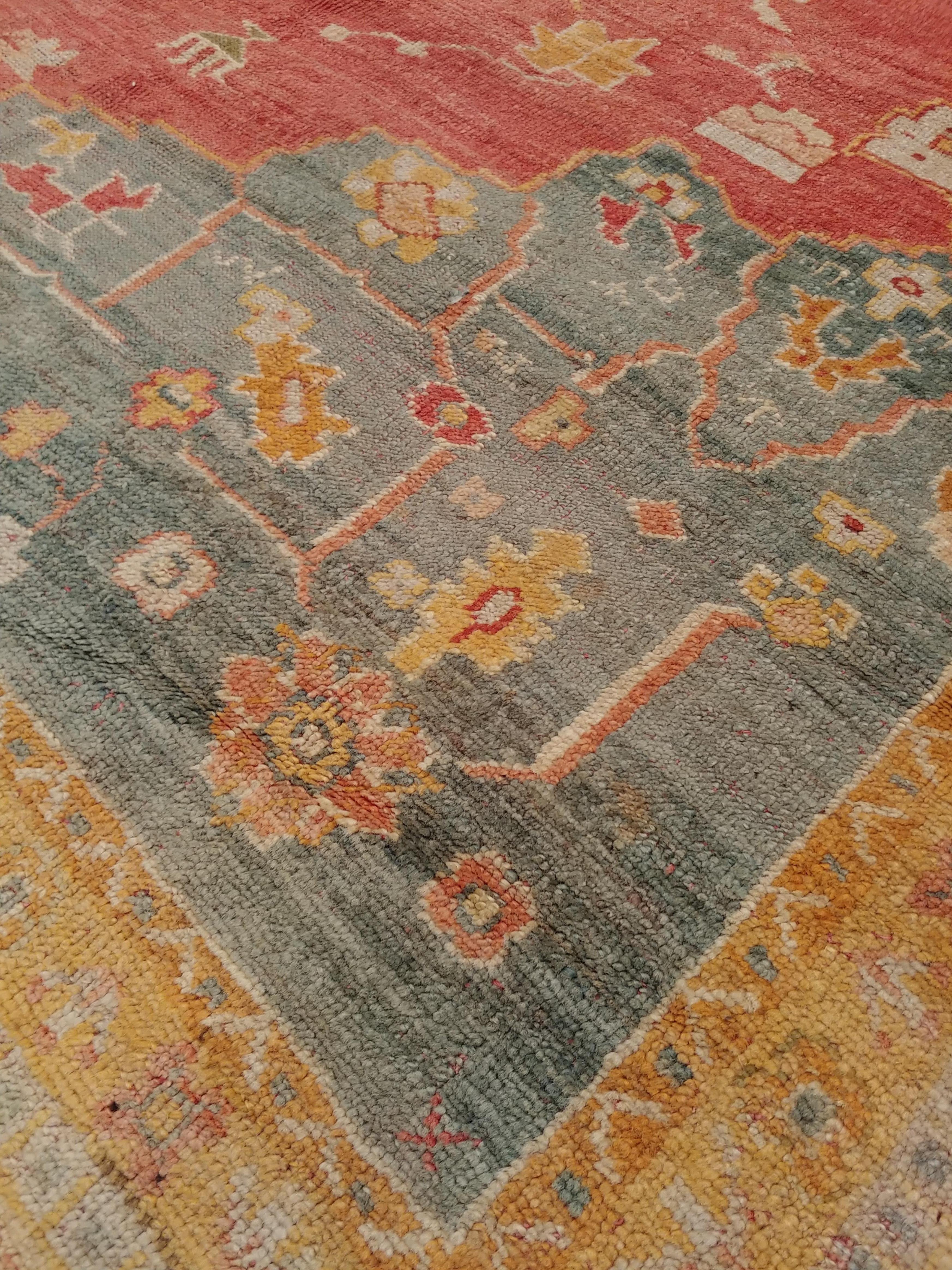 19th Century Antique Oushak Carpet, Handmade Turkish Oriental Rug, Beige, Coral, Light Blue For Sale