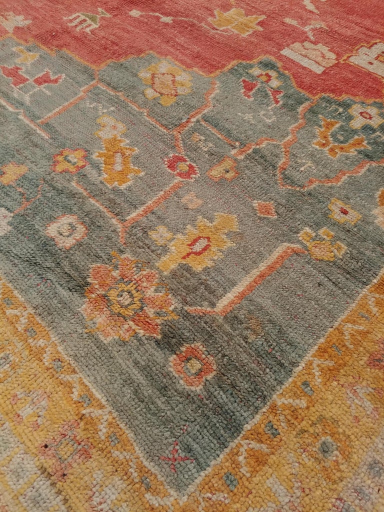 Antique Oushak Carpet, Handmade Turkish Oriental Rug, Beige, Coral