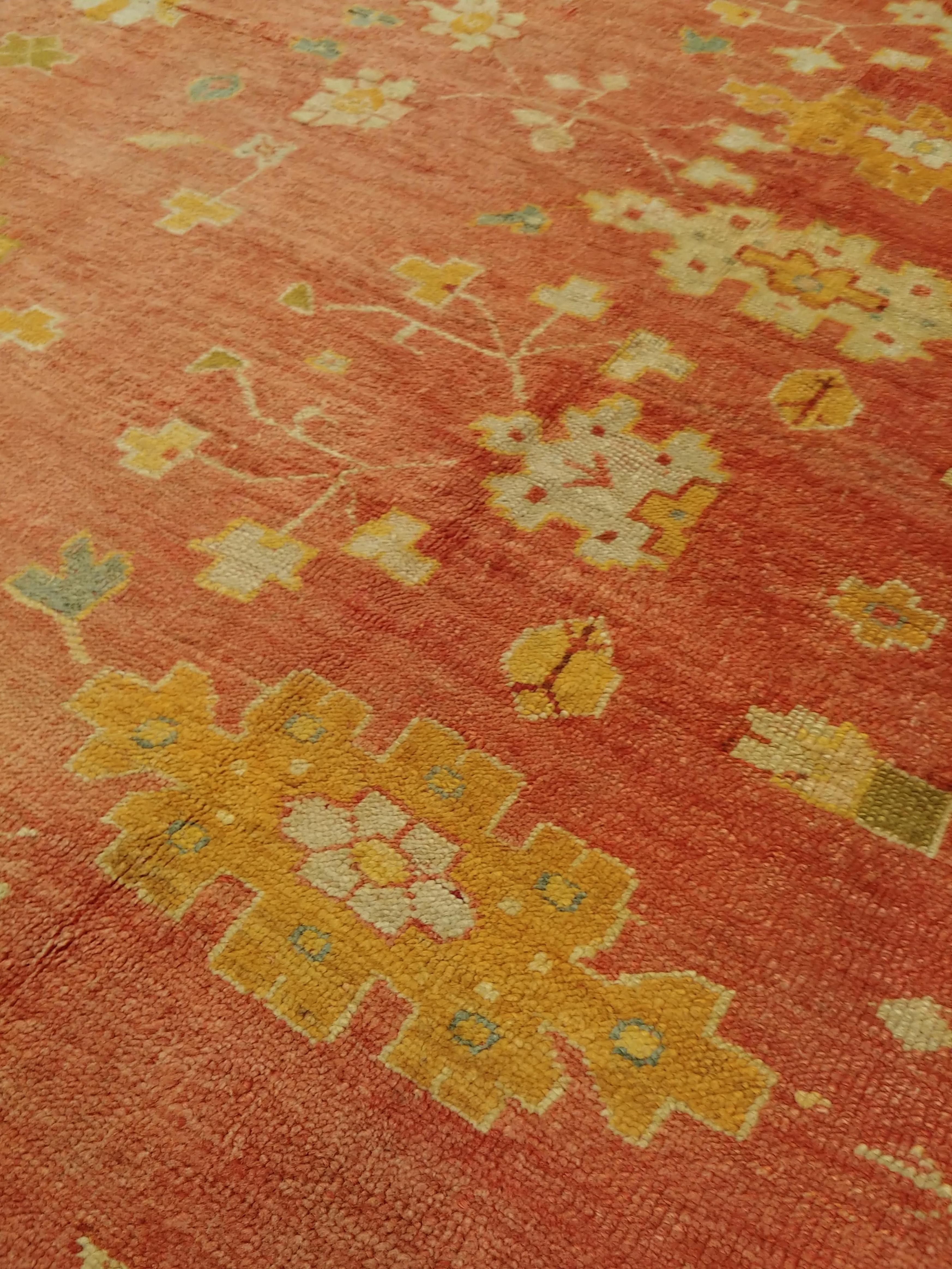 Wool Antique Oushak Carpet, Handmade Turkish Oriental Rug, Beige, Coral, Light Blue For Sale