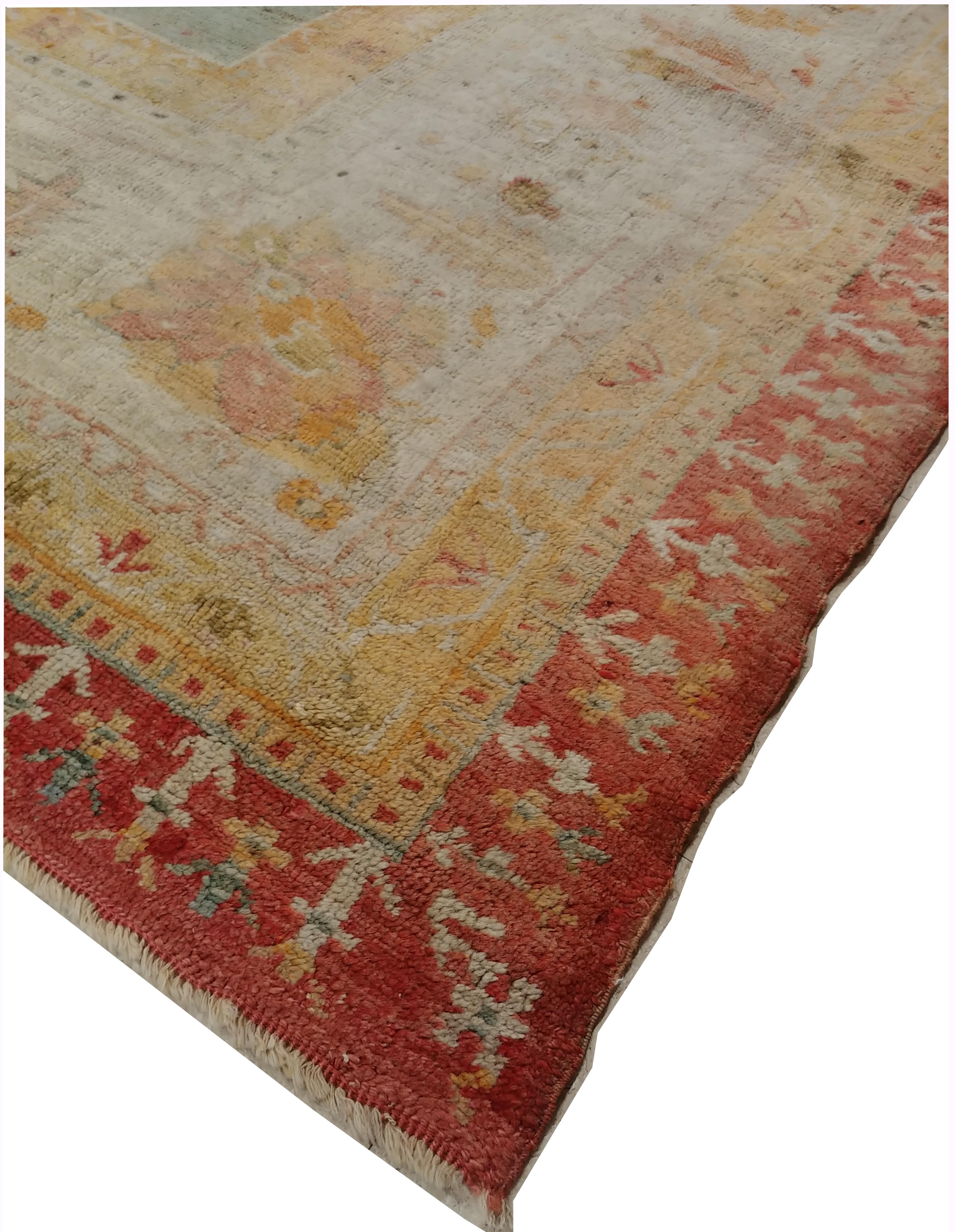 Antique Oushak Carpet, Handmade Turkish Oriental Rug, Beige, Coral, Light Blue For Sale 1