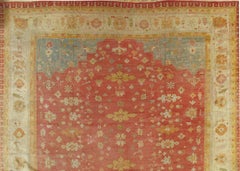 Antique Oushak Carpet, Handmade Turkish Oriental Rug, Beige, Coral, Light Blue