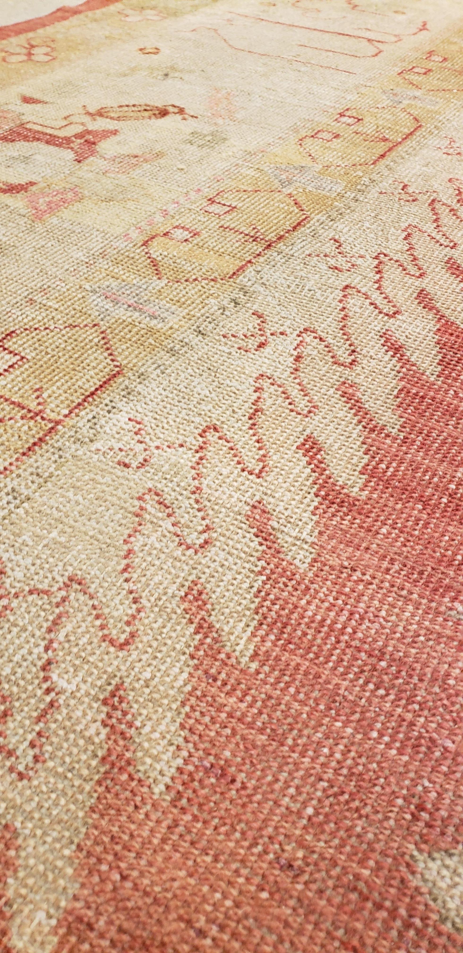 Antique Oushak Carpet, Handmade Turkish Oriental Rug, Beige, Coral, Soft Colors For Sale 6