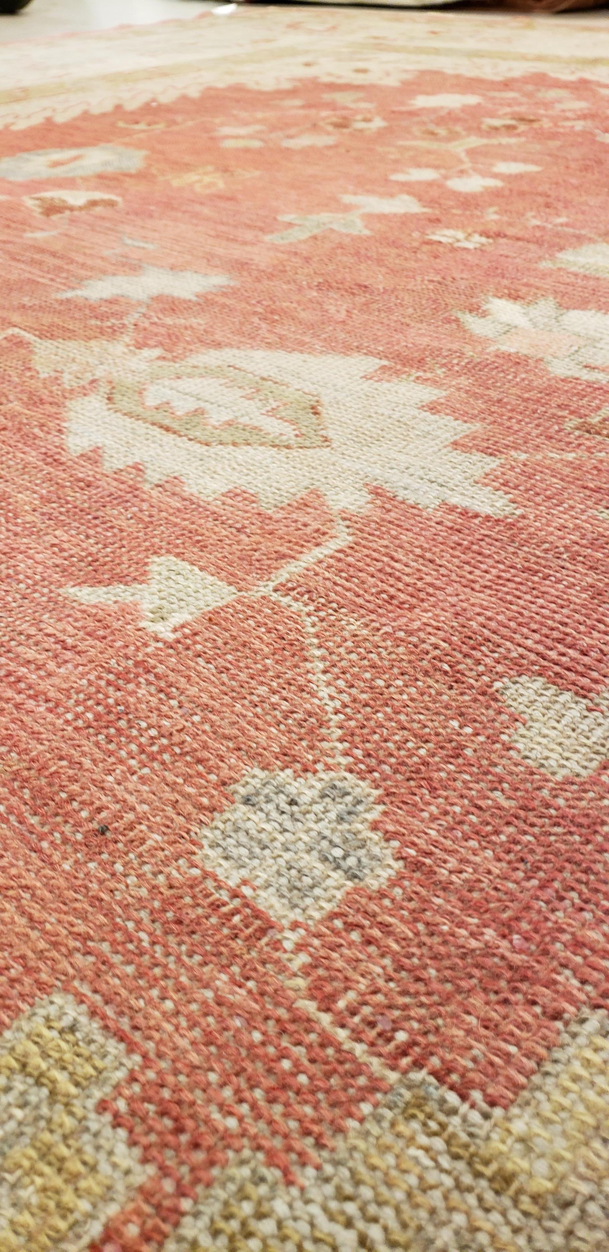 Antique Oushak Carpet, Handmade Turkish Oriental Rug, Beige, Coral, Soft Colors For Sale 8