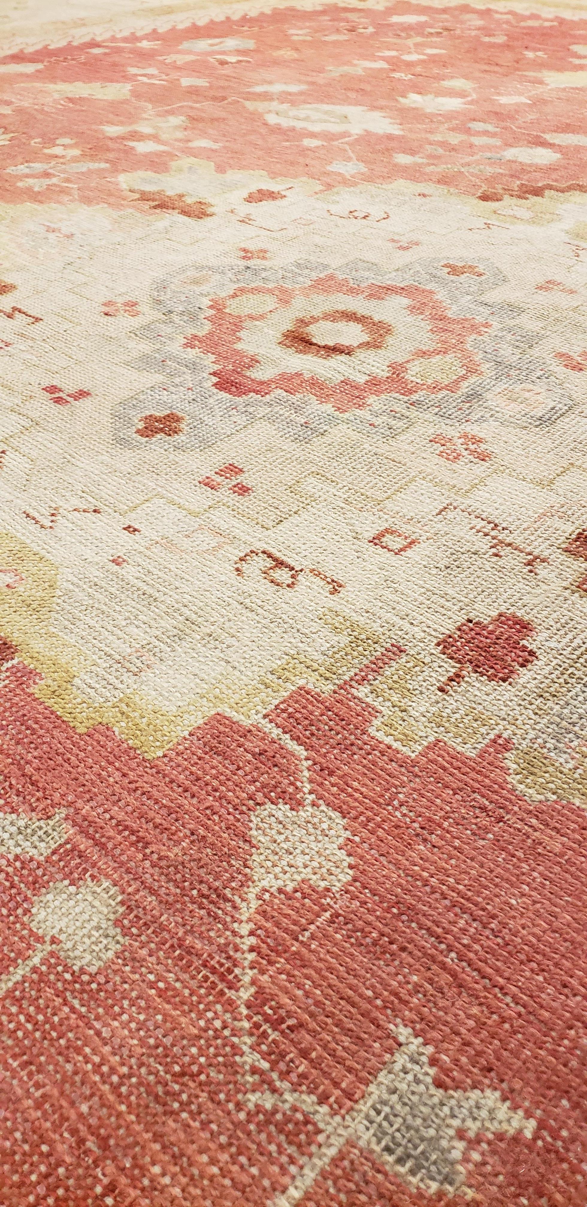 Antique Oushak Carpet, Handmade Turkish Oriental Rug, Beige, Coral, Soft Colors For Sale 10