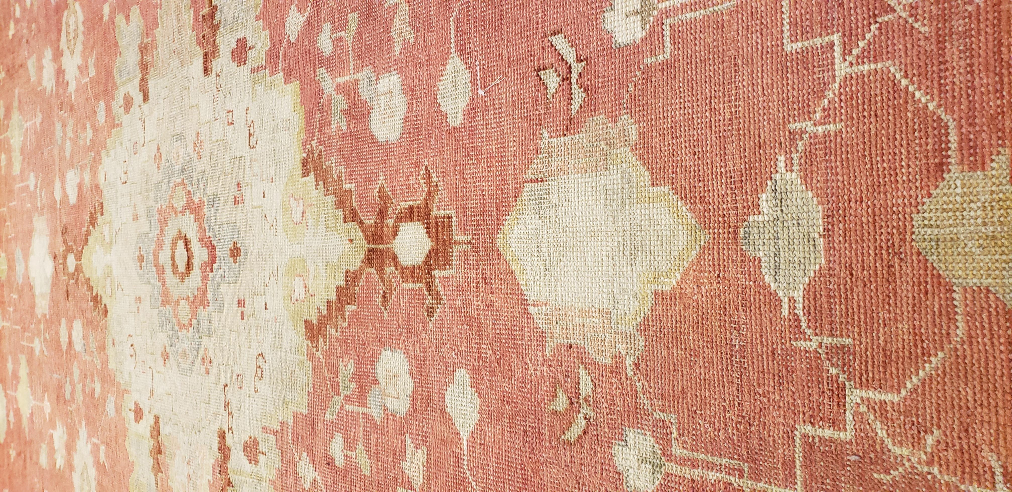 Antique Oushak Carpet, Handmade Turkish Oriental Rug, Beige, Coral, Soft Colors For Sale 11