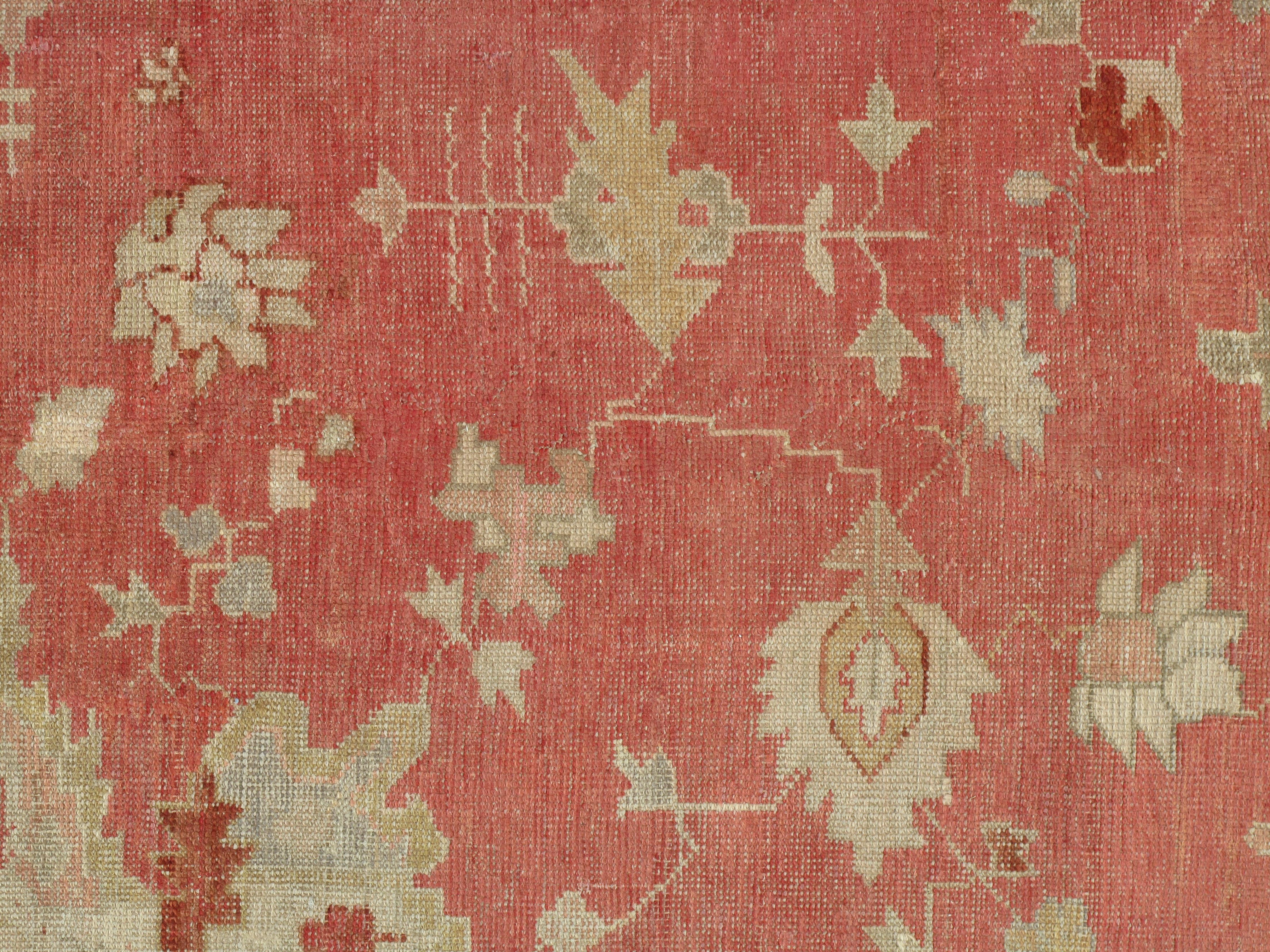 19th Century Antique Oushak Carpet, Handmade Turkish Oriental Rug, Beige, Coral, Soft Colors For Sale
