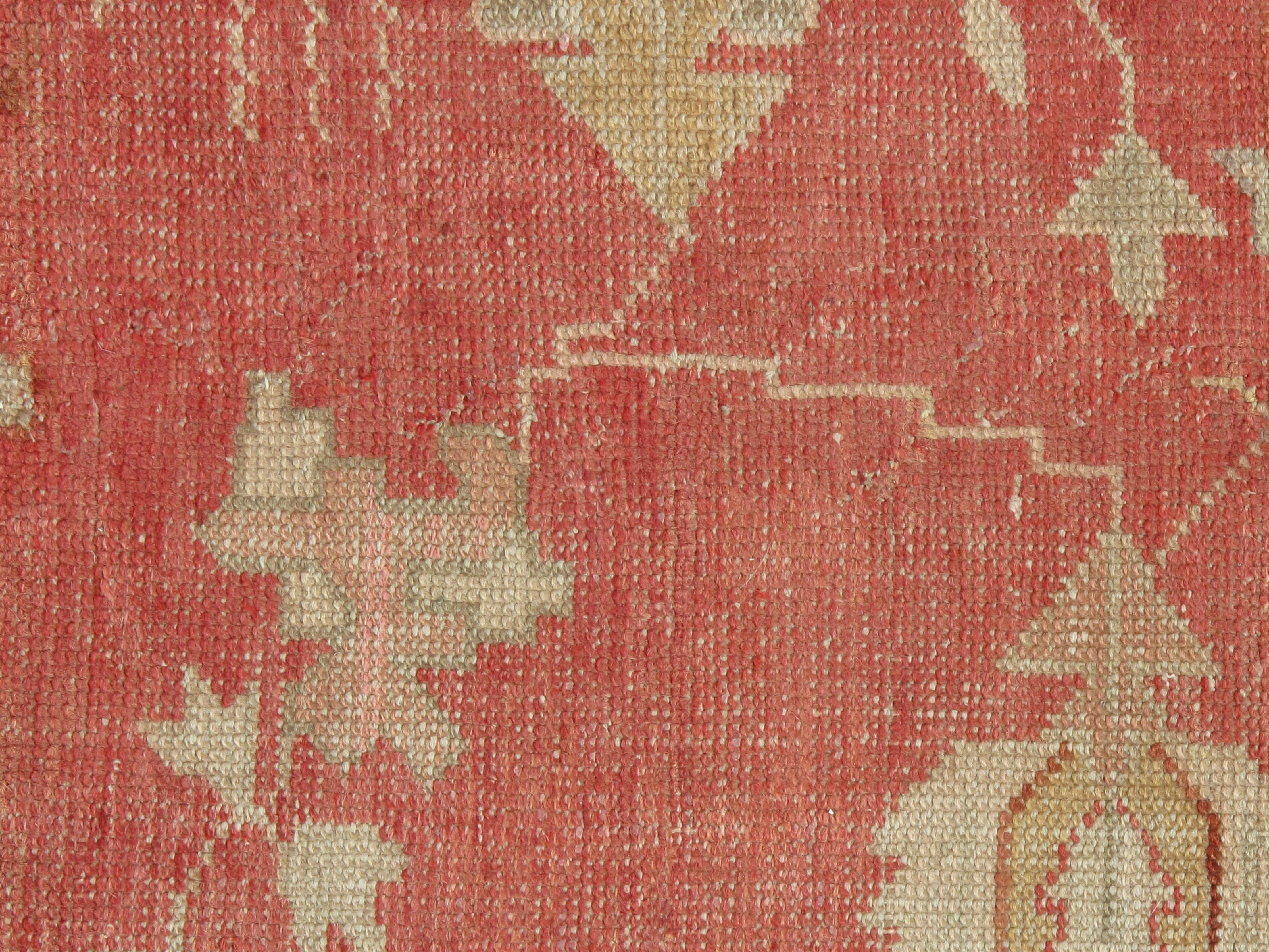 Wool Antique Oushak Carpet, Handmade Turkish Oriental Rug, Beige, Coral, Soft Colors For Sale