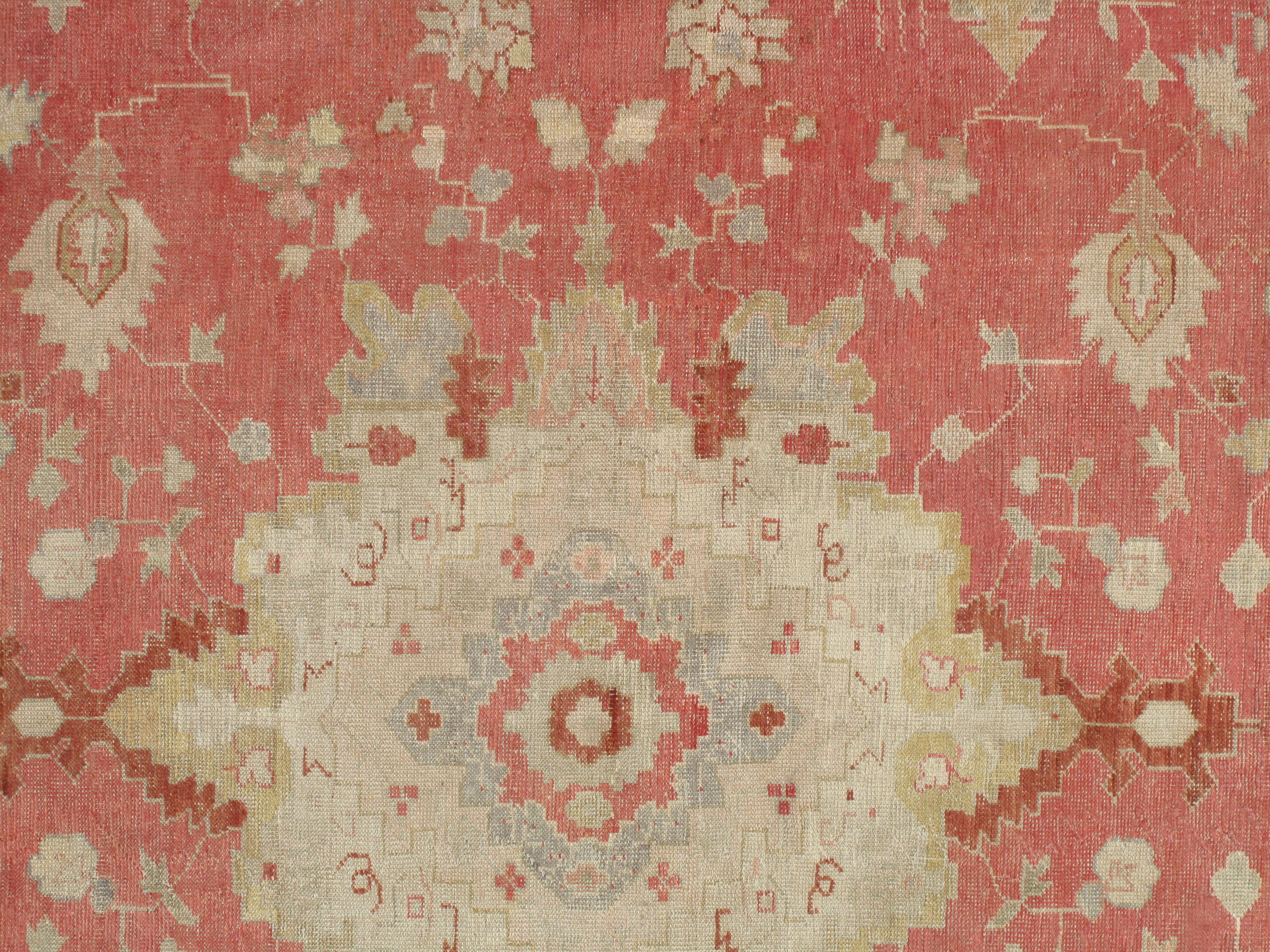 Antique Oushak Carpet, Handmade Turkish Oriental Rug, Beige, Coral, Soft Colors For Sale 1