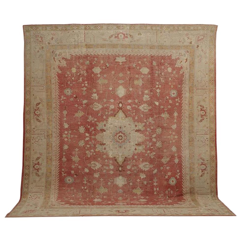 Antiker Oushak-Teppich, handgefertigter türkischer orientalischer Teppich, Beige, Koralle, weiche Farben