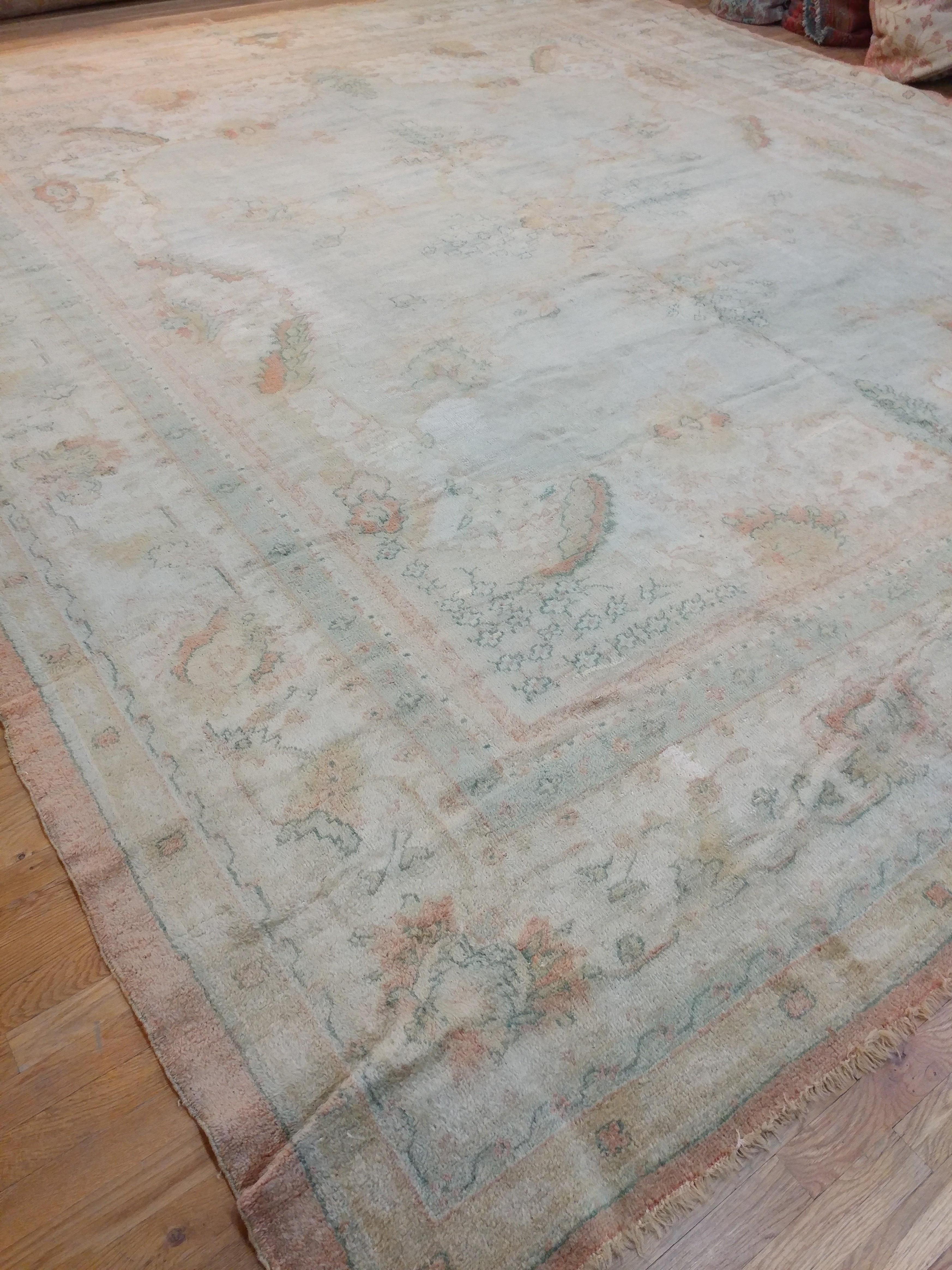 Antique Oushak Carpet, Handmade Turkish Oriental Rug Beige, Taupe Gray Pale blue For Sale 1