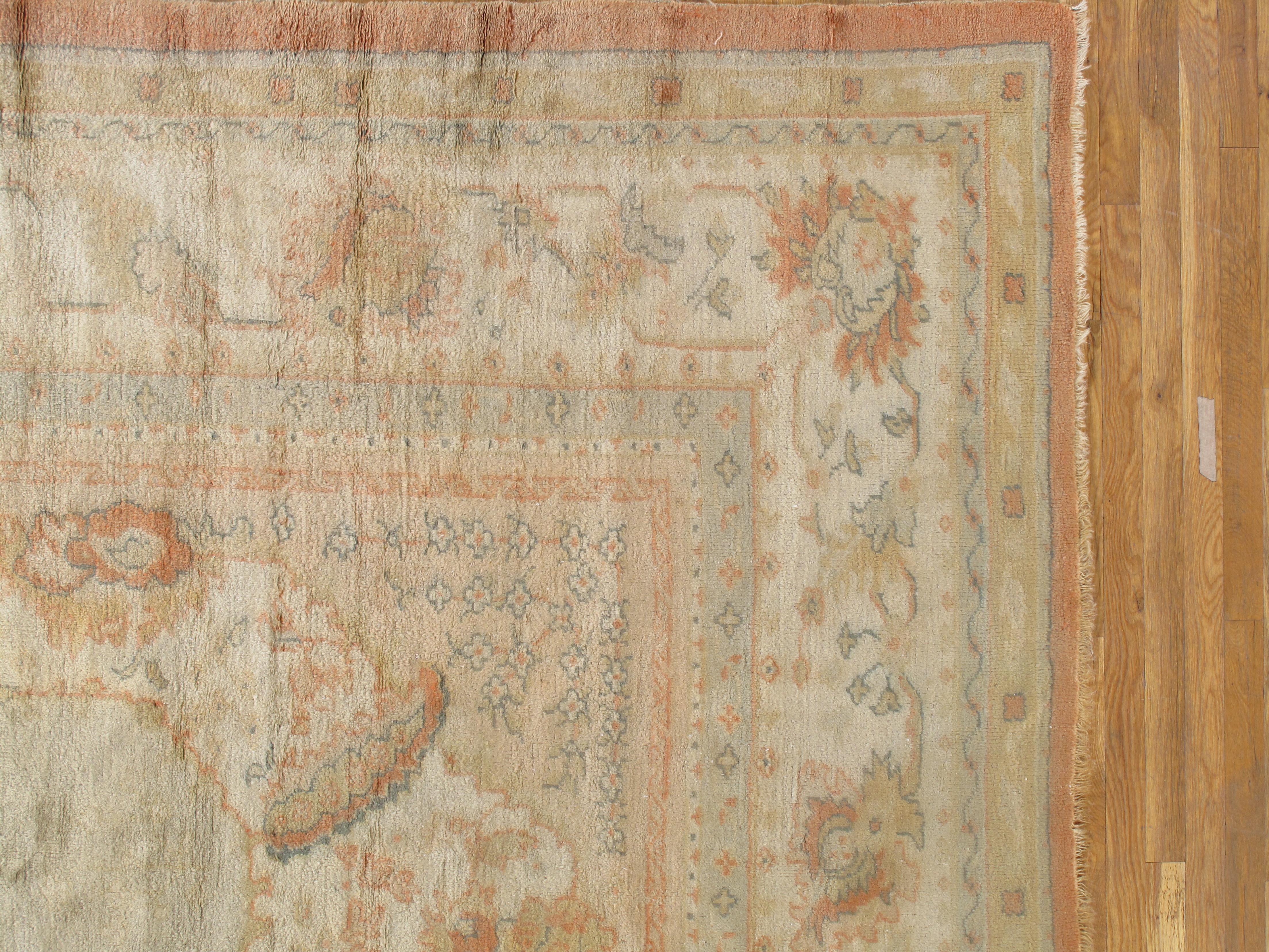 Antique Oushak Carpet, Handmade Turkish Oriental Rug Beige, Taupe Gray Pale blue For Sale 3