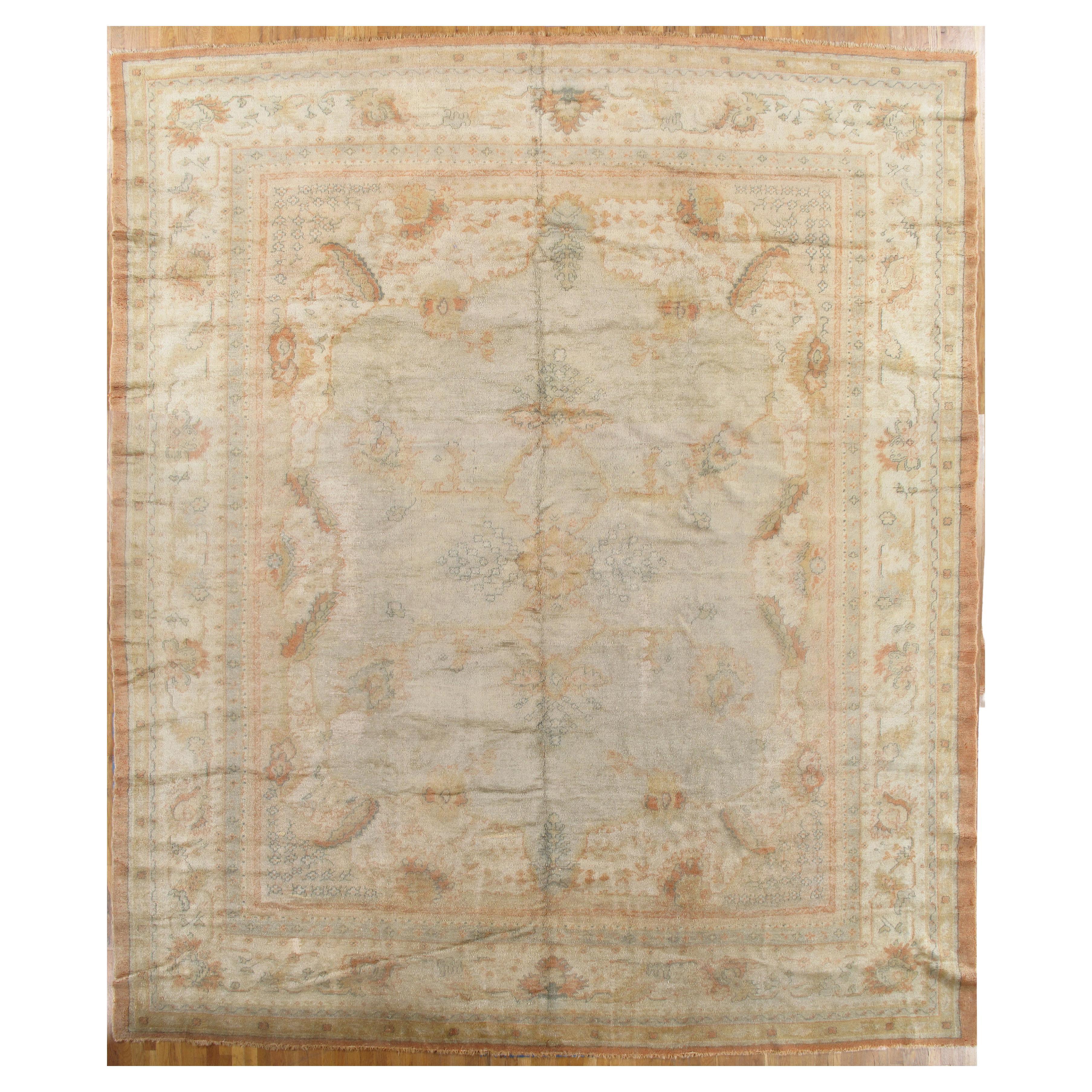 Antique Oushak Carpet, Handmade Turkish Oriental Rug Beige, Taupe Gray Pale blue For Sale