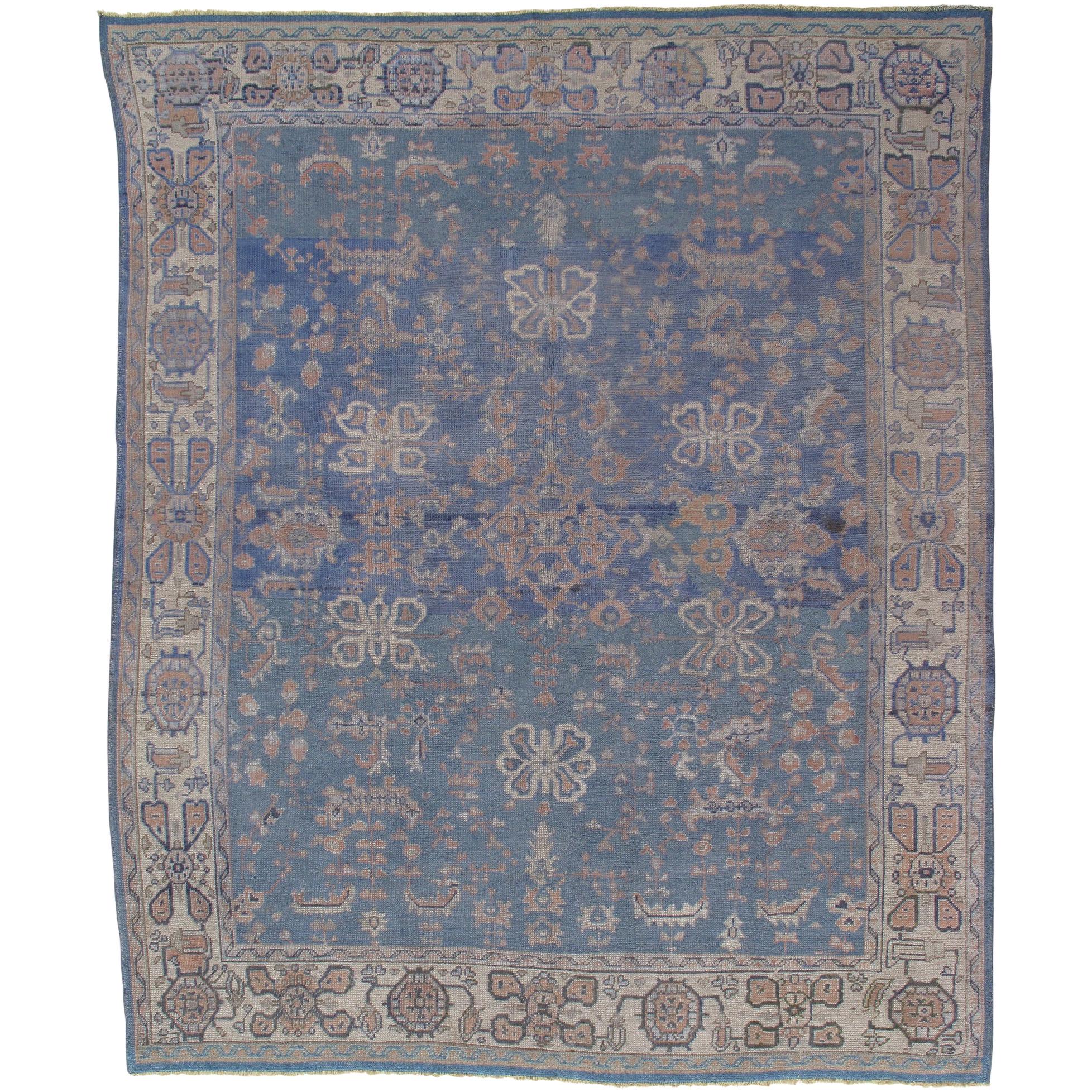 Antique Oushak Carpet, Handmade Turkish Oriental Rug, Beige, Taupe, Soft Blue