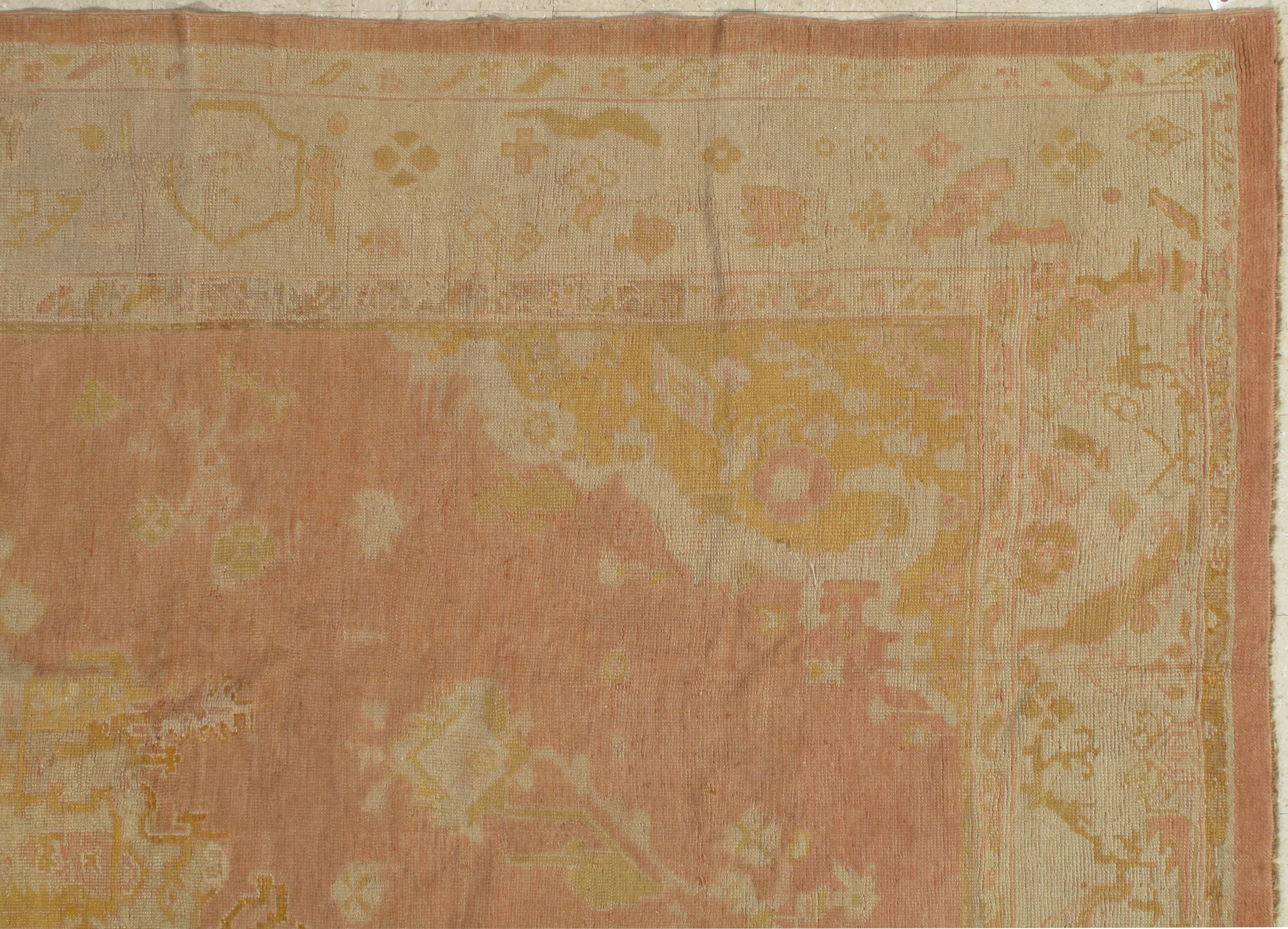 Hand-Knotted Antique Oushak Carpet, Handmade Turkish Oriental Rug, Beige, Taupe, Soft Coral