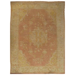 Antique Oushak Carpet, Handmade Turkish Oriental Rug, Beige, Taupe, Soft Coral