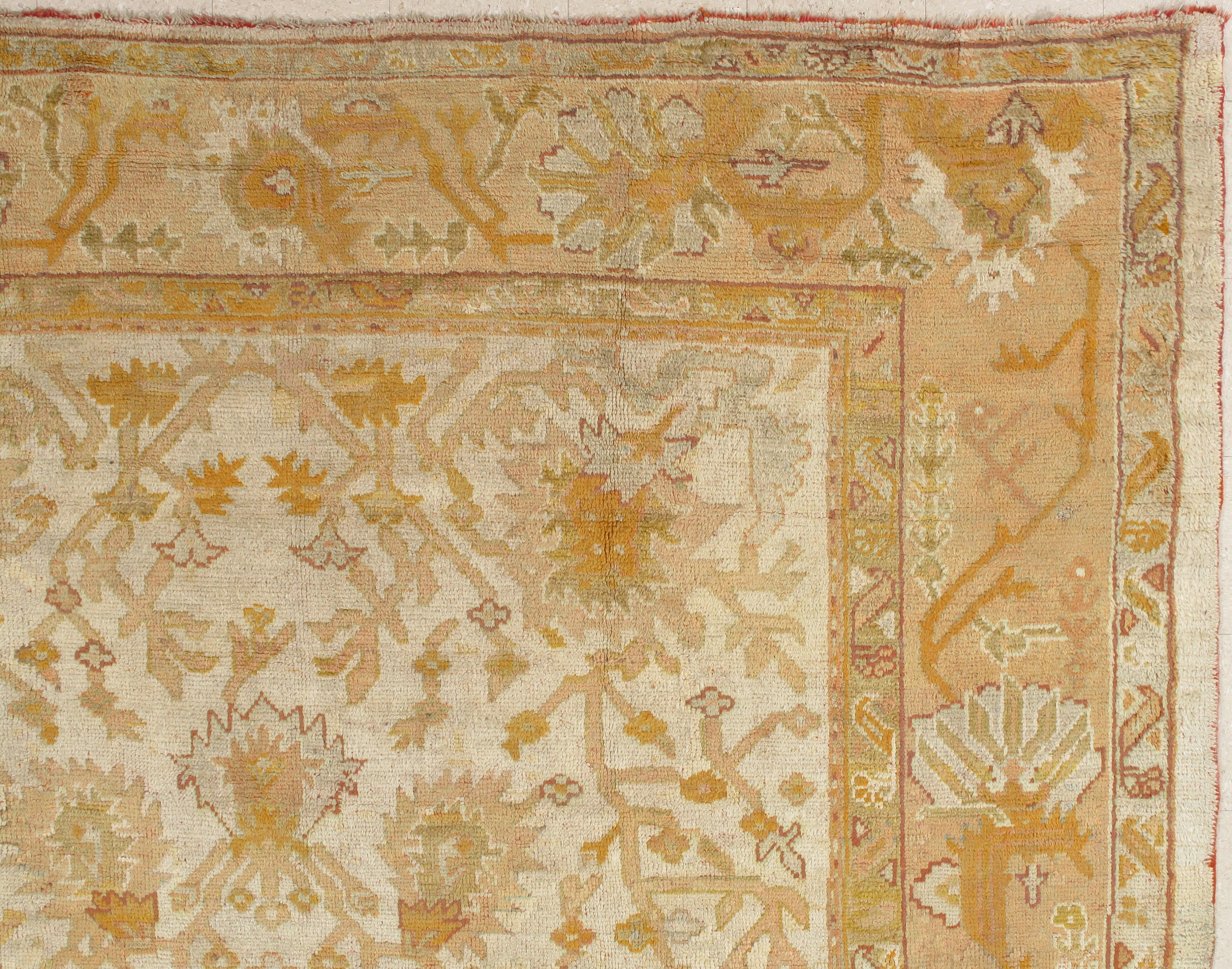 Hand-Knotted Antique Oushak Carpet Handmade Turkish Oriental Rug Beige, Taupe, Soft Pale Blue