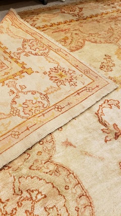 Antique Oushak Carpet, Handmade Turkish Oriental Rug, Beige, Taupe, Soft Salmon