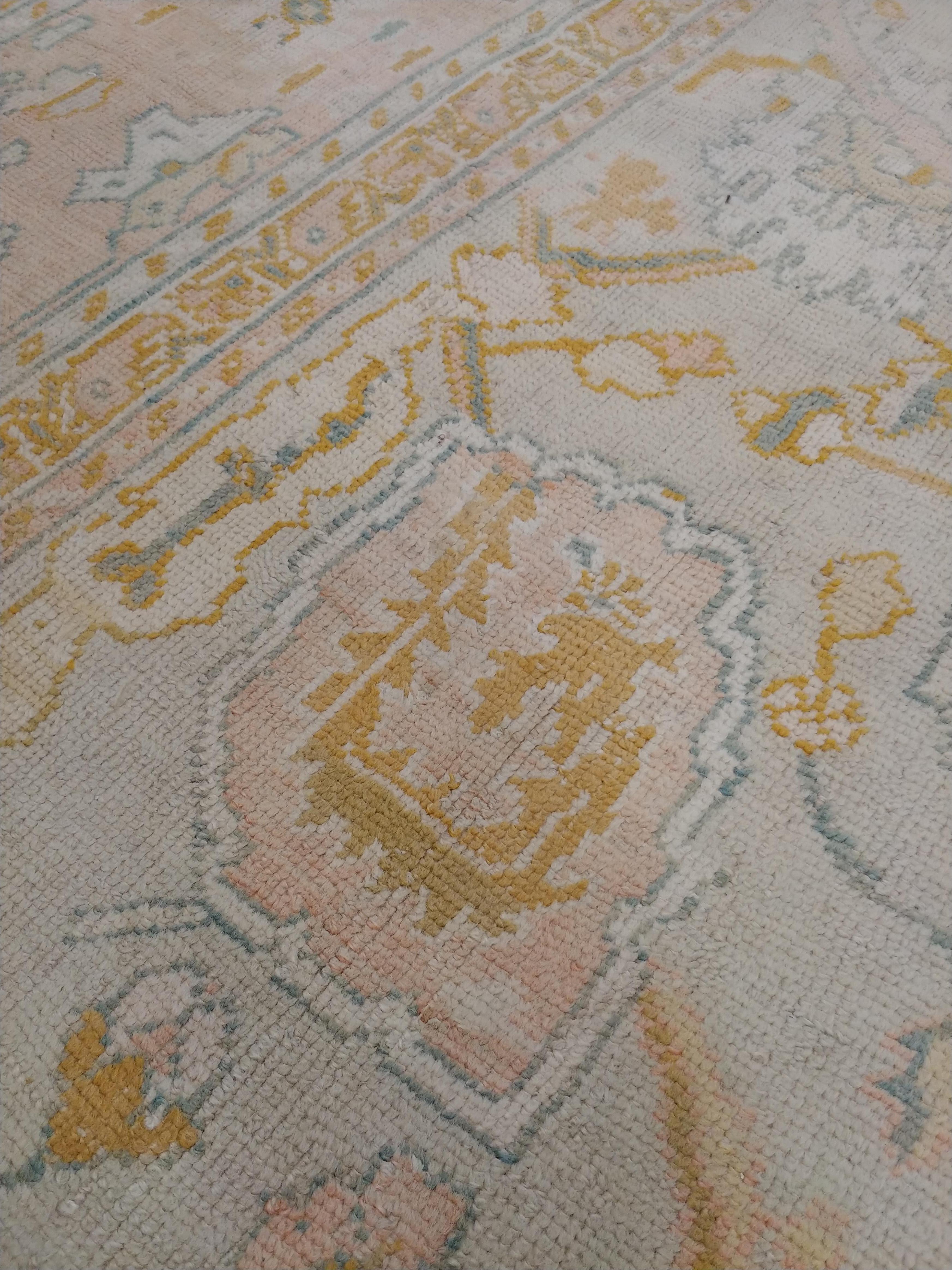 19th Century Antique Oushak Carpet, Handmade Turkish Oriental Rug, Beige, Taupe, Soft Shrimp For Sale