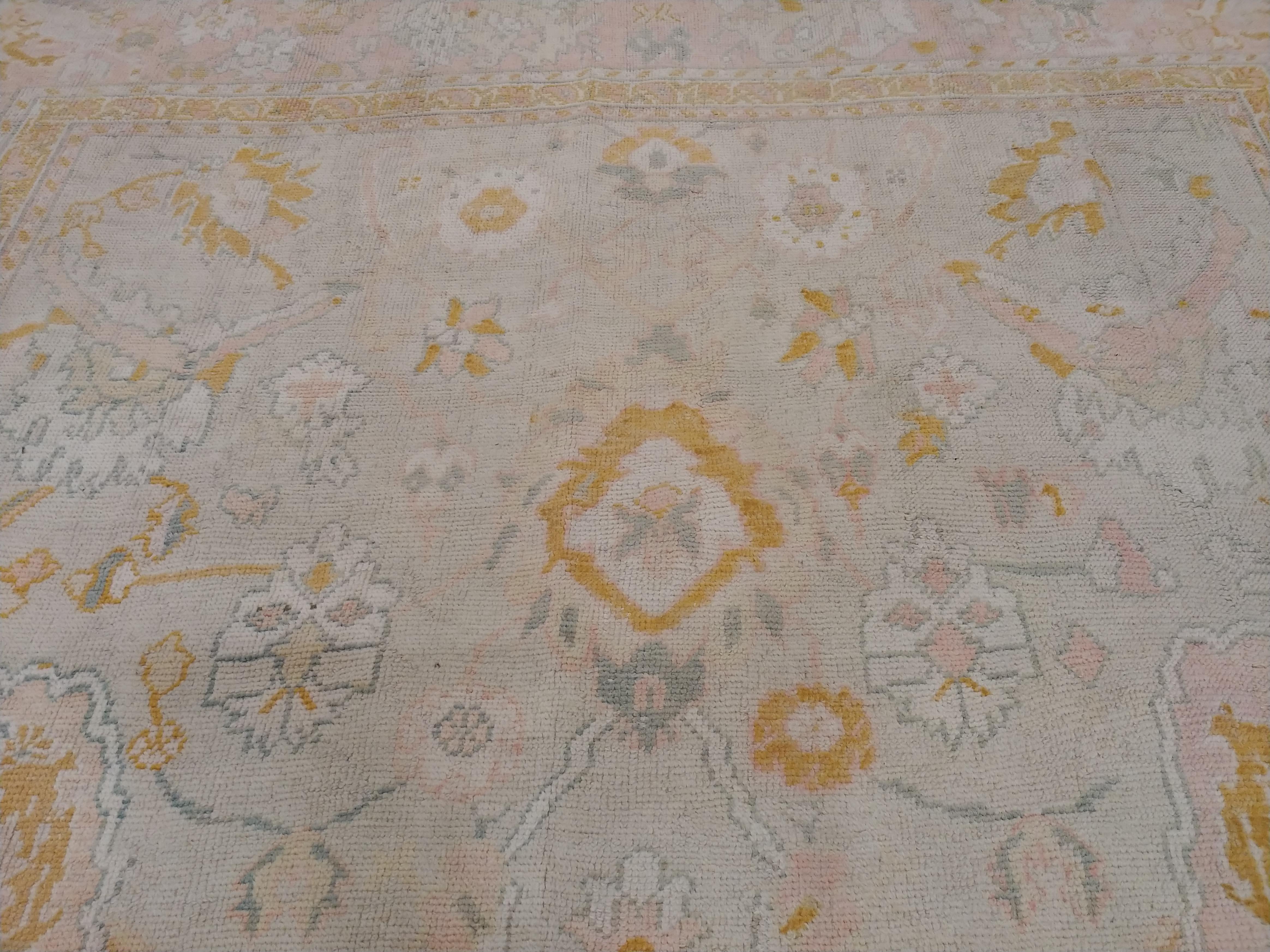 Wool Antique Oushak Carpet, Handmade Turkish Oriental Rug, Beige, Taupe, Soft Shrimp For Sale