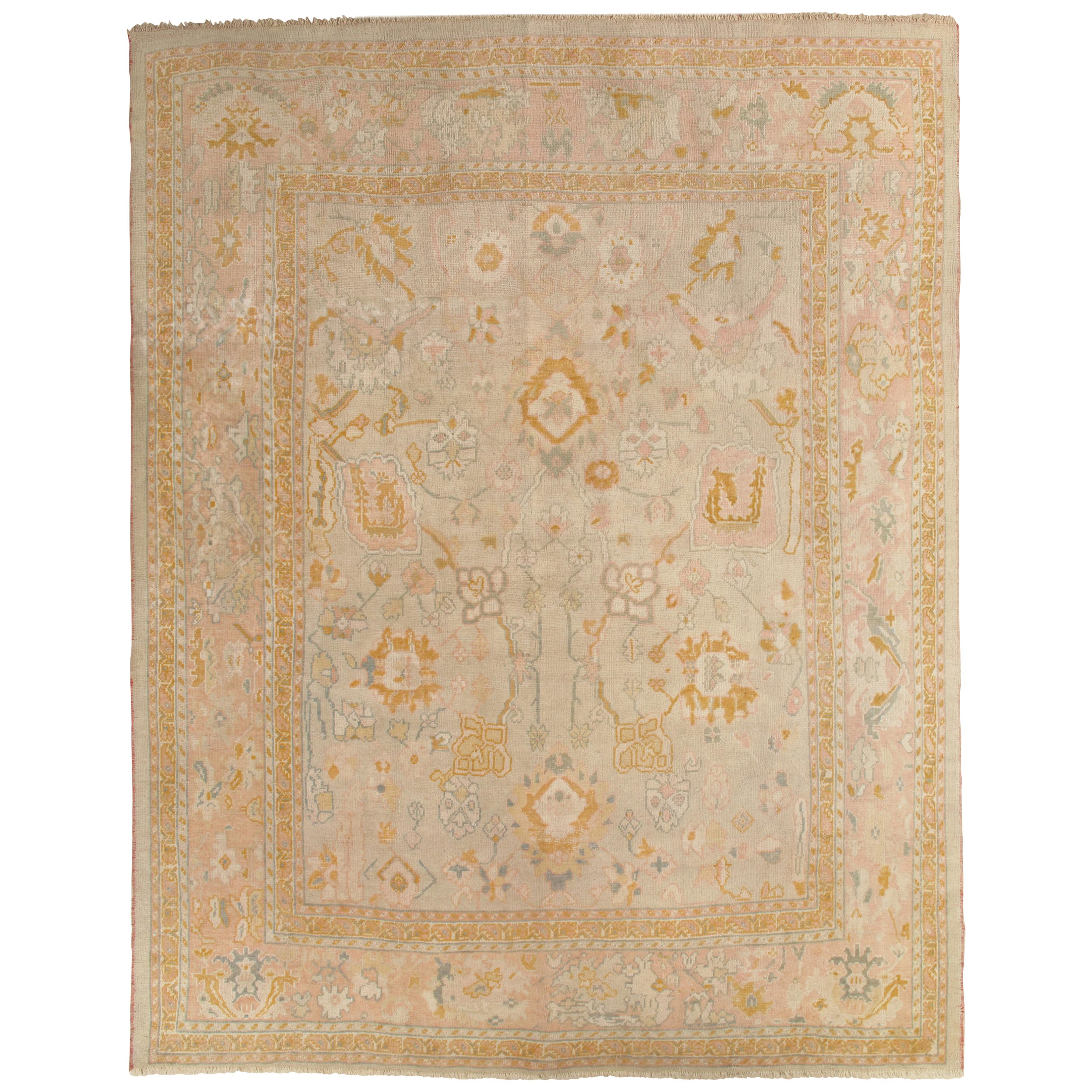 Antique Oushak Carpet, Handmade Turkish Oriental Rug, Beige, Taupe, Soft Shrimp
