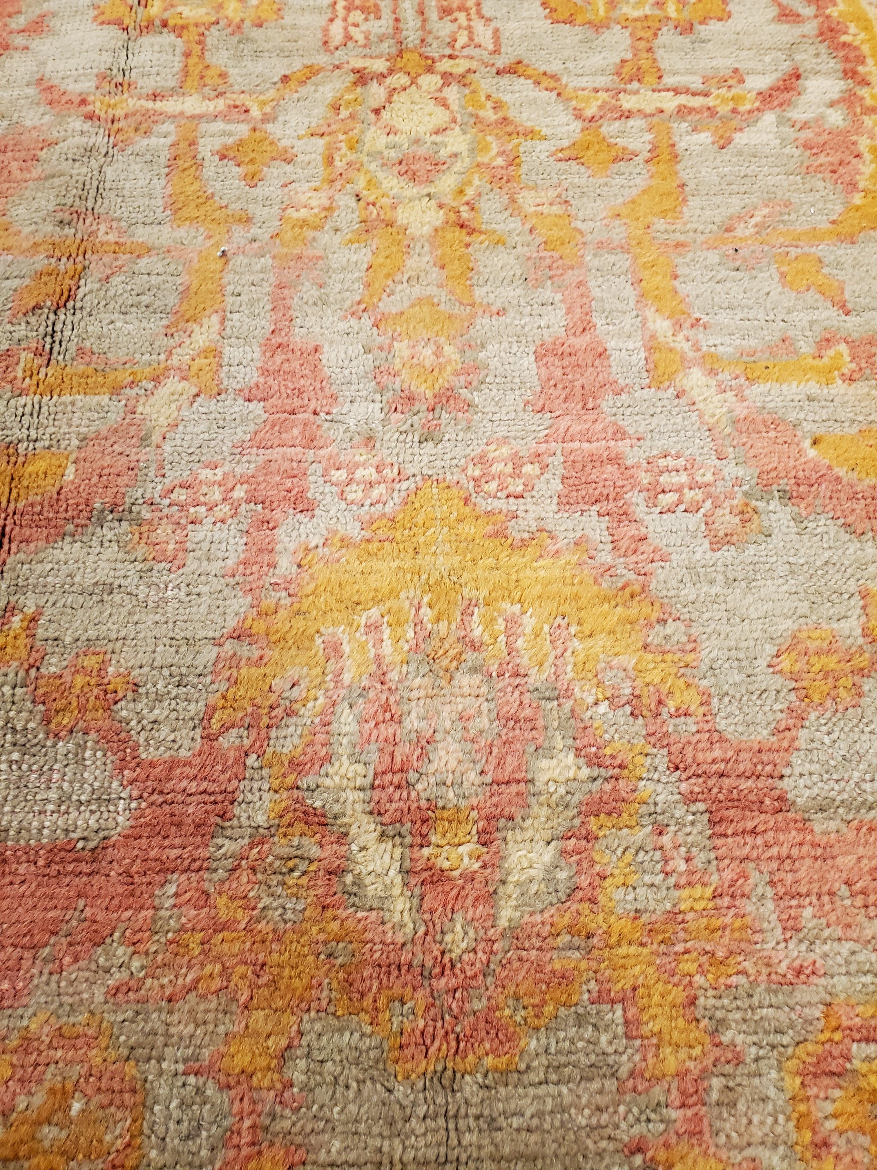 Antique Oushak Carpet, Handmade Turkish Oriental Rug, Saffron, Coral, Light Blue For Sale 4