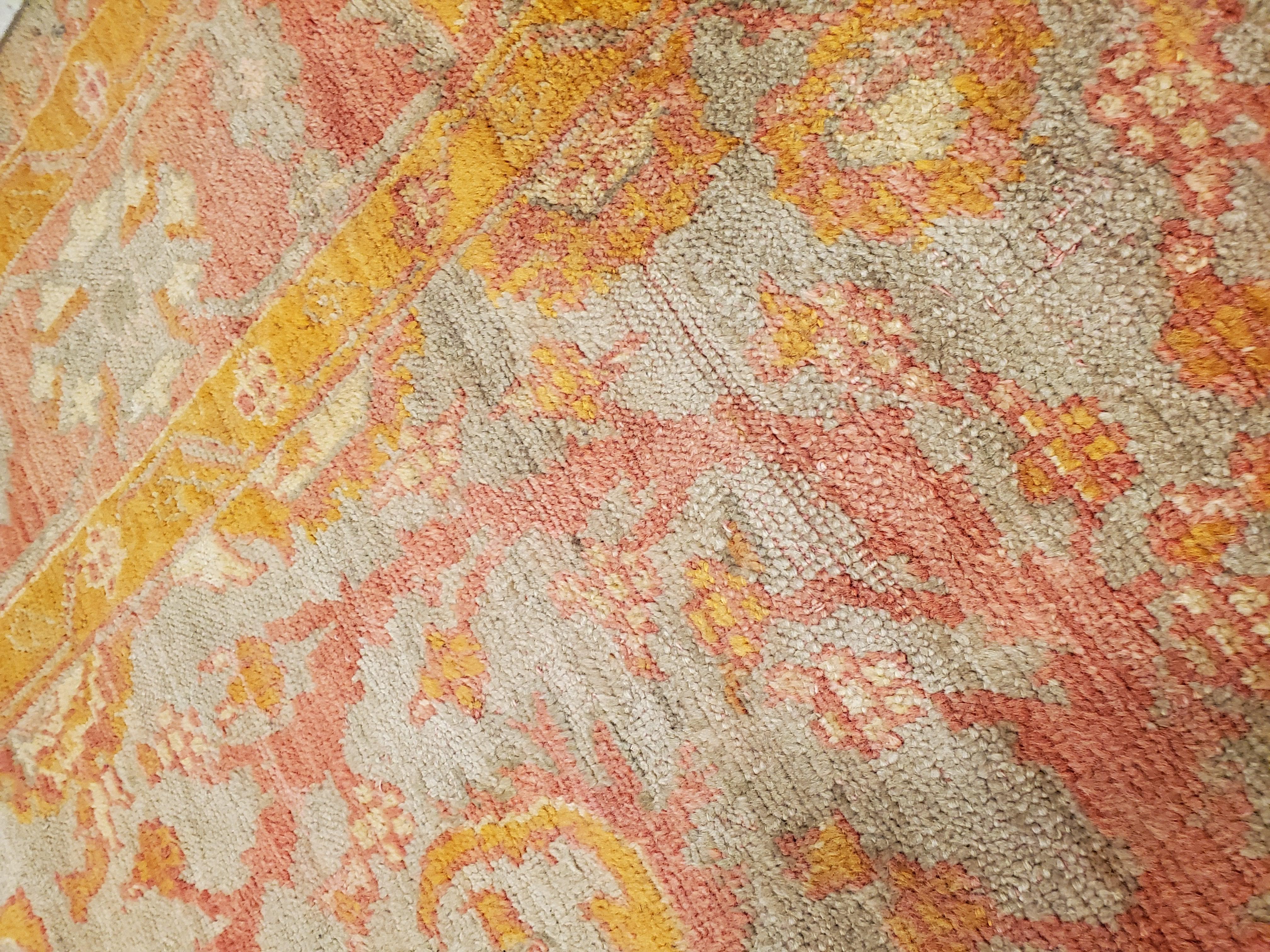 Antique Oushak Carpet, Handmade Turkish Oriental Rug, Saffron, Coral, Light Blue For Sale 5