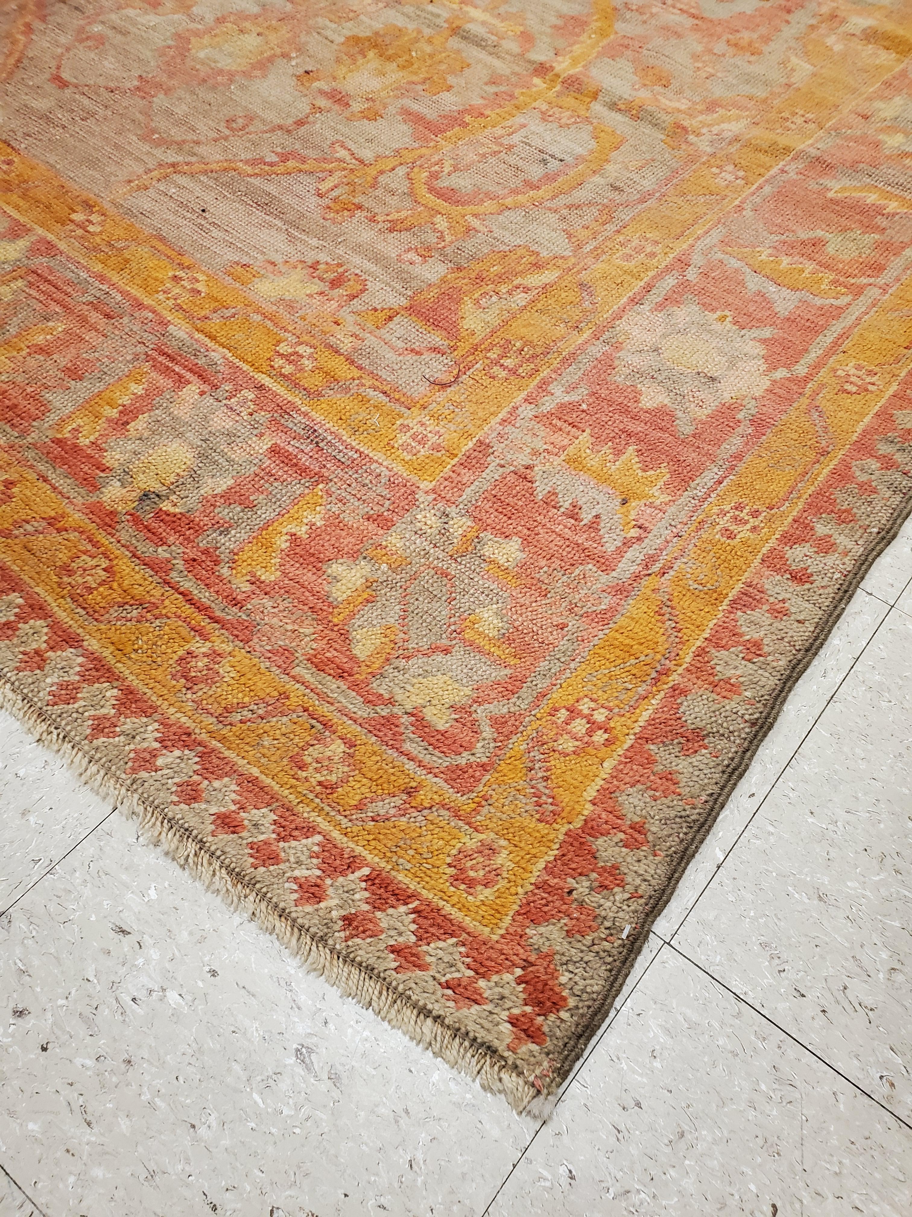 Antique Oushak Carpet, Handmade Turkish Oriental Rug, Saffron, Coral, Light Blue For Sale 6