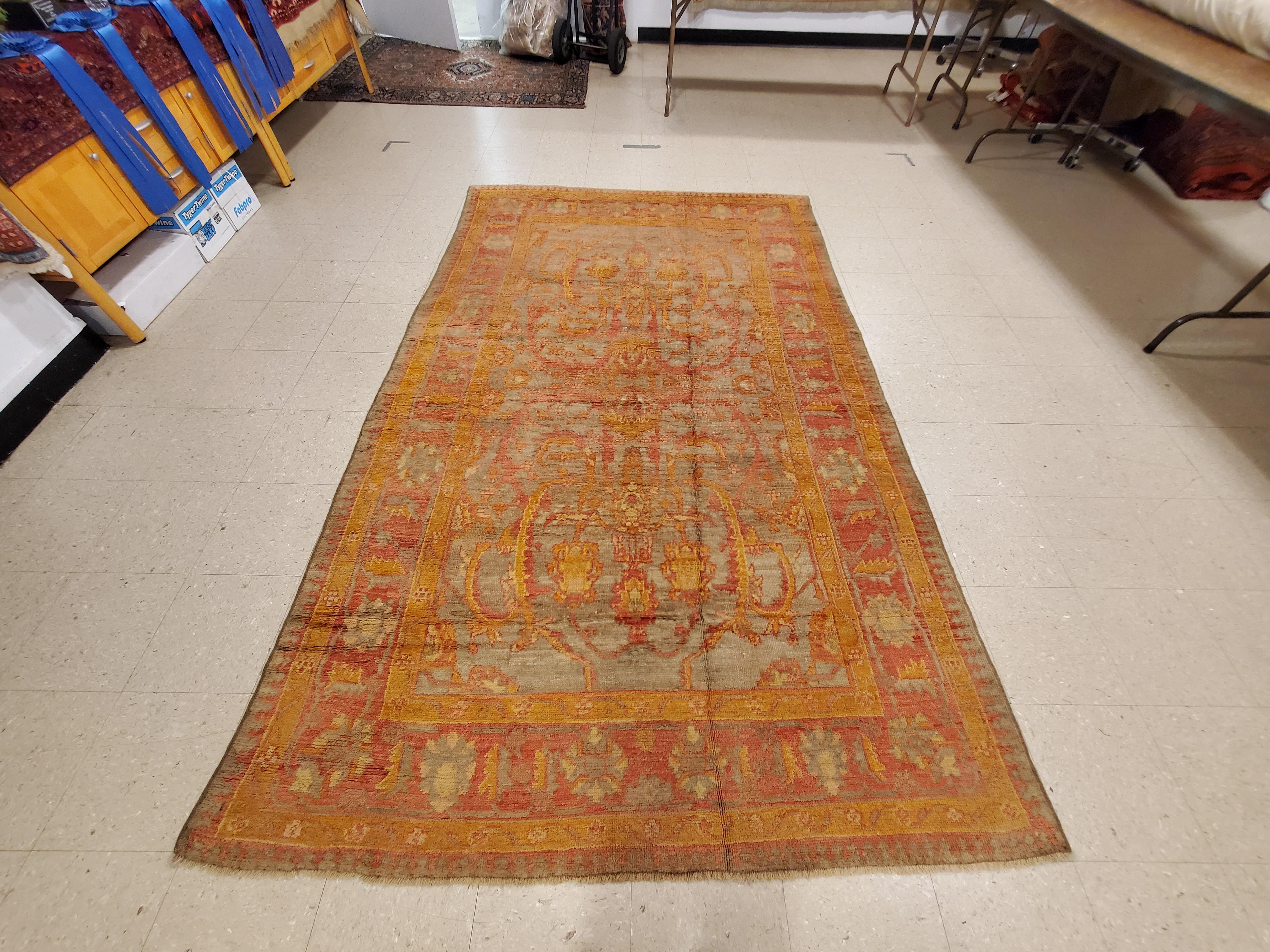 Antique Oushak Carpet, Handmade Turkish Oriental Rug, Saffron, Coral, Light Blue For Sale 7