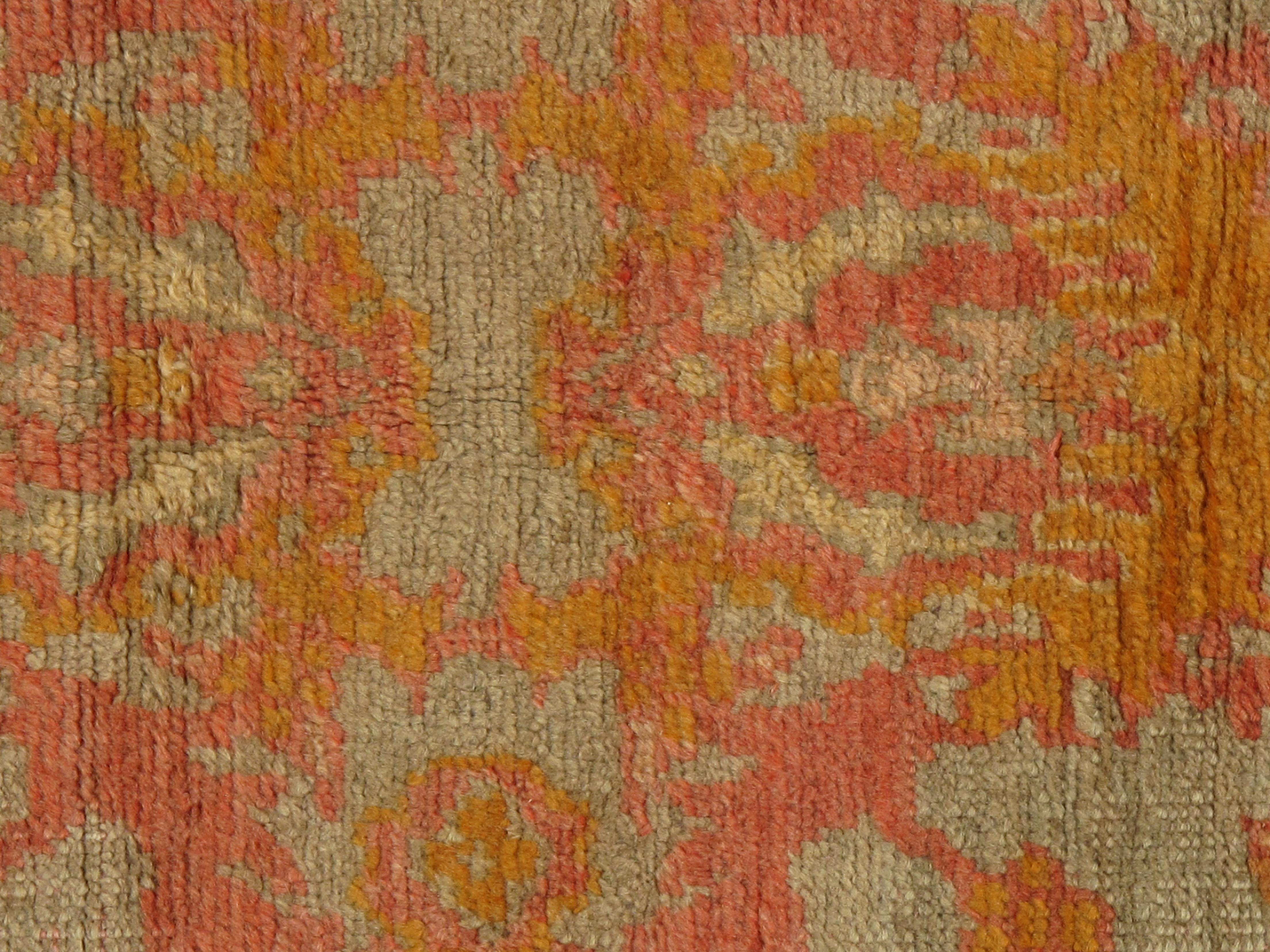 Antique Oushak Carpet, Handmade Turkish Oriental Rug, Saffron, Coral, Light Blue For Sale 8