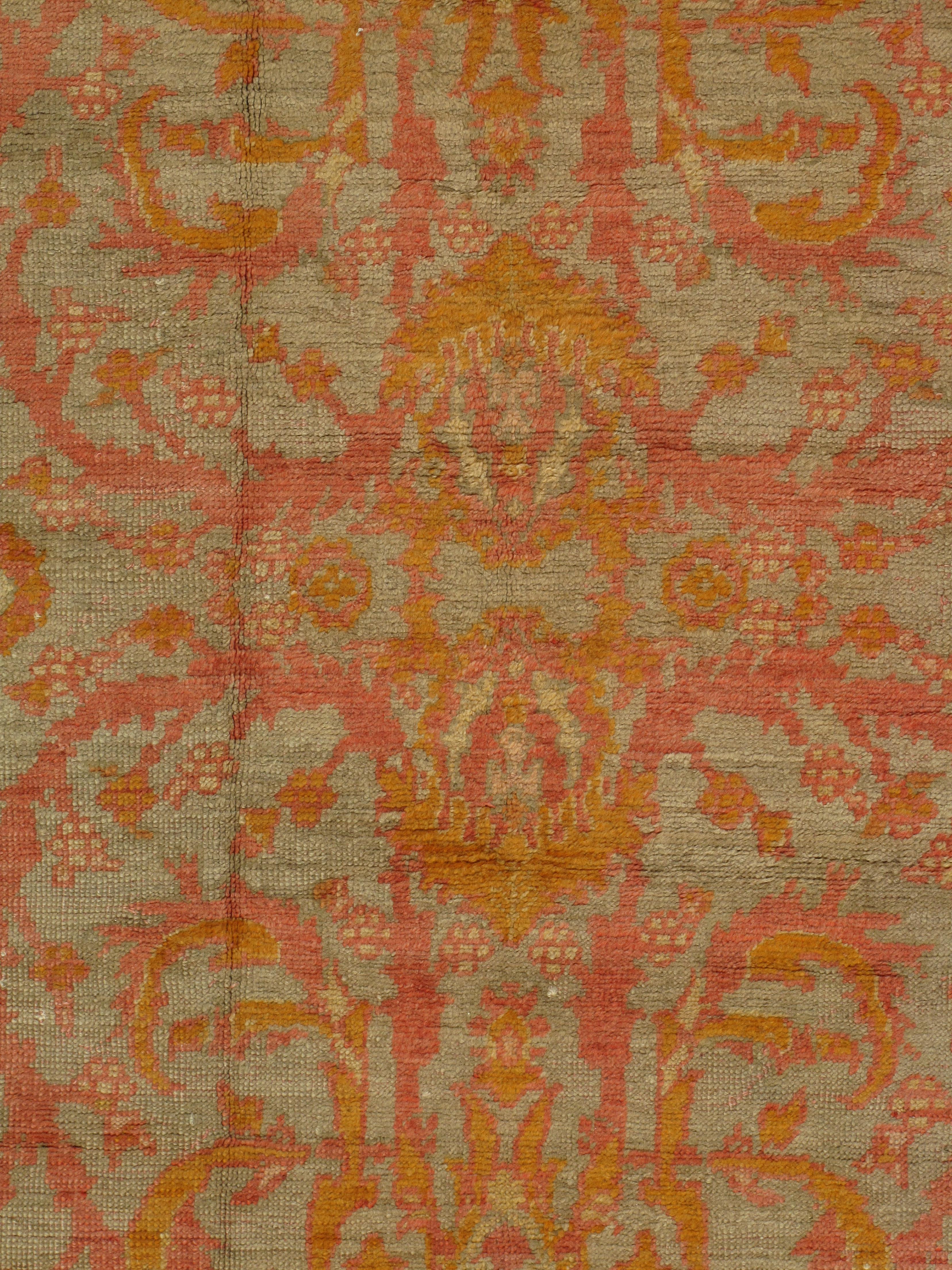 Antique Oushak Carpet, Handmade Turkish Oriental Rug, Saffron, Coral, Light Blue For Sale 9
