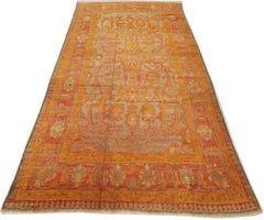 Alfombra Oushak Antigua, Alfombra Oriental Turca Hecha a Mano, Azafrán, Coral, Azul Claro