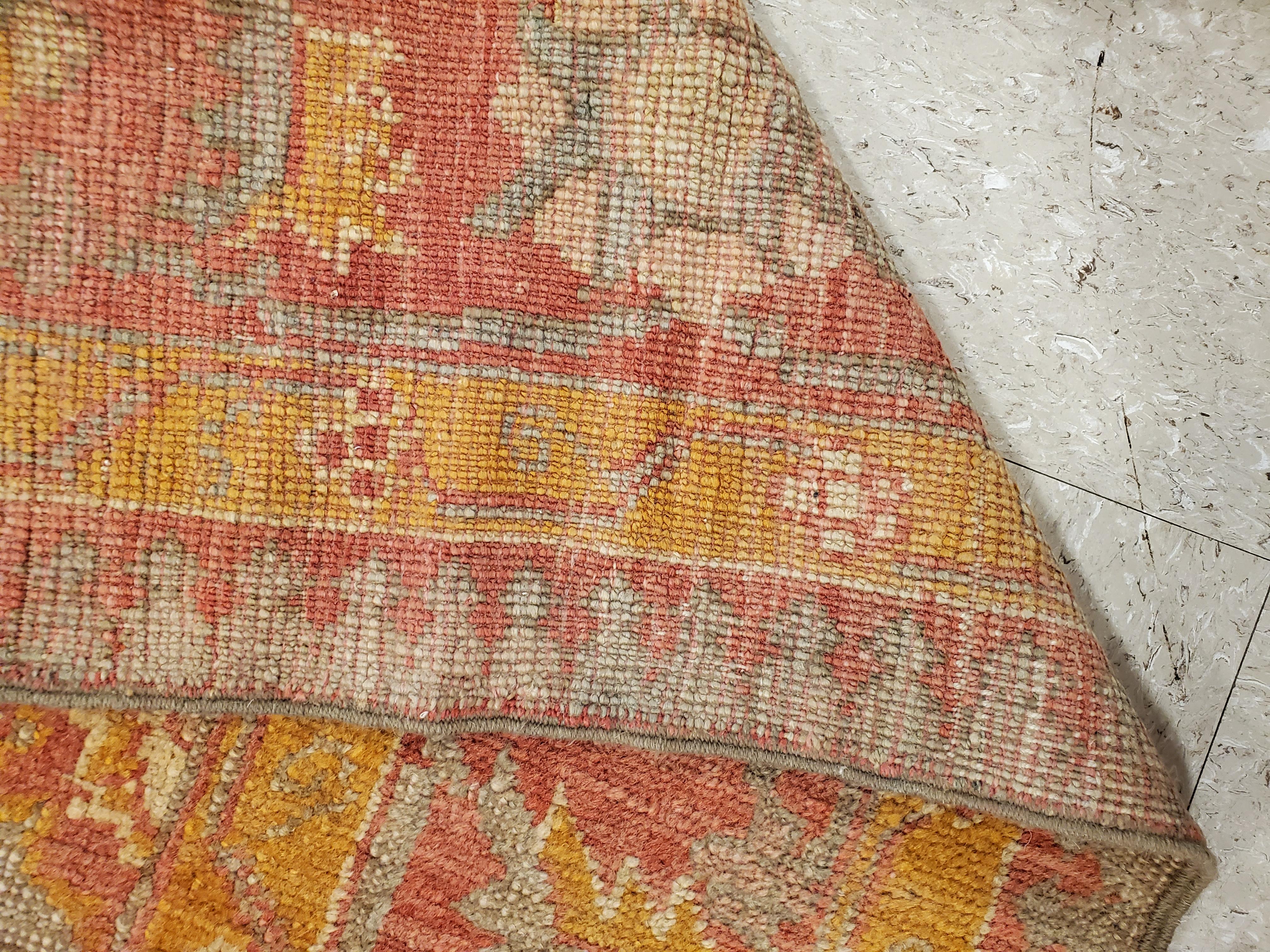 19th Century Antique Oushak Carpet, Handmade Turkish Oriental Rug, Saffron, Coral, Light Blue For Sale
