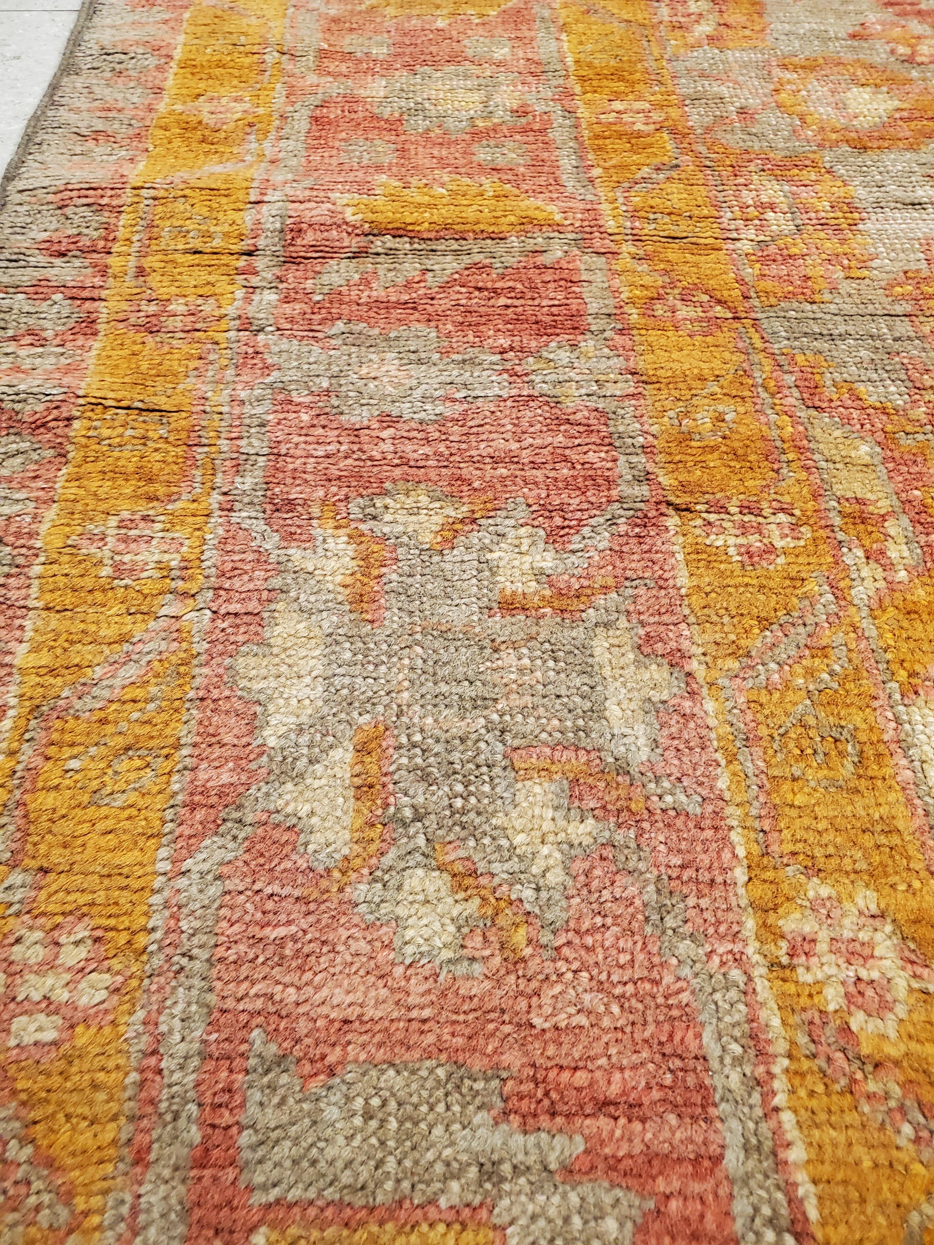 Wool Antique Oushak Carpet, Handmade Turkish Oriental Rug, Saffron, Coral, Light Blue For Sale