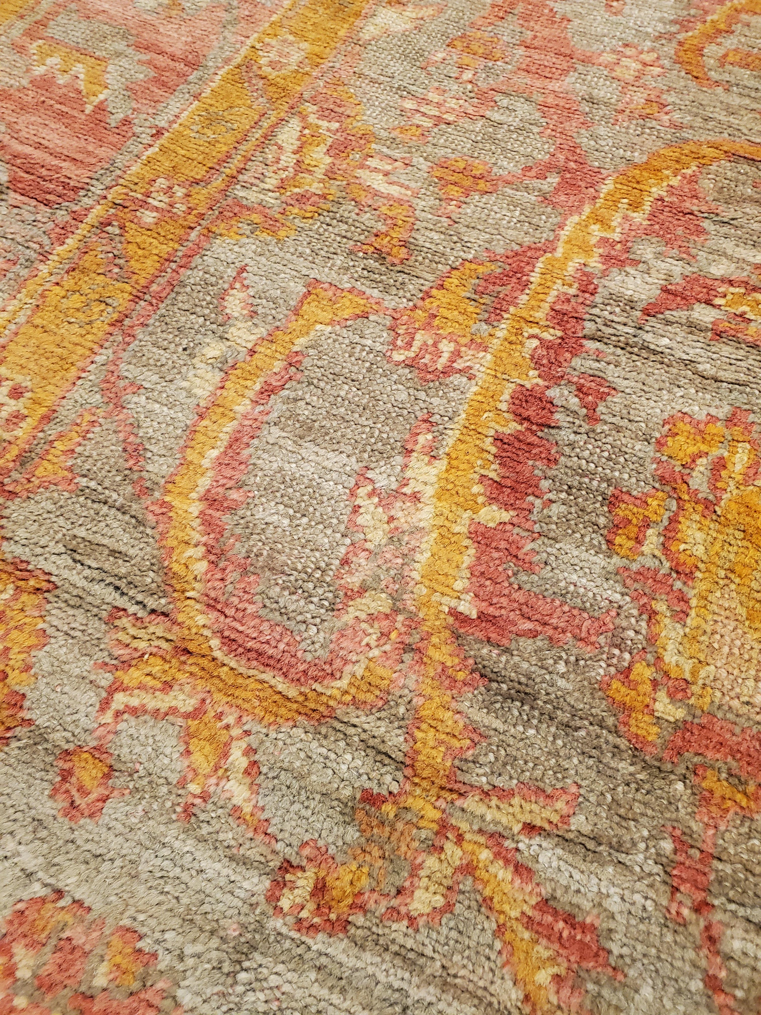 Antique Oushak Carpet, Handmade Turkish Oriental Rug, Saffron, Coral, Light Blue For Sale 3