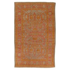 Antique Oushak Carpet, Handmade Turkish Oriental Rug, Saffron, Coral, Light Blue