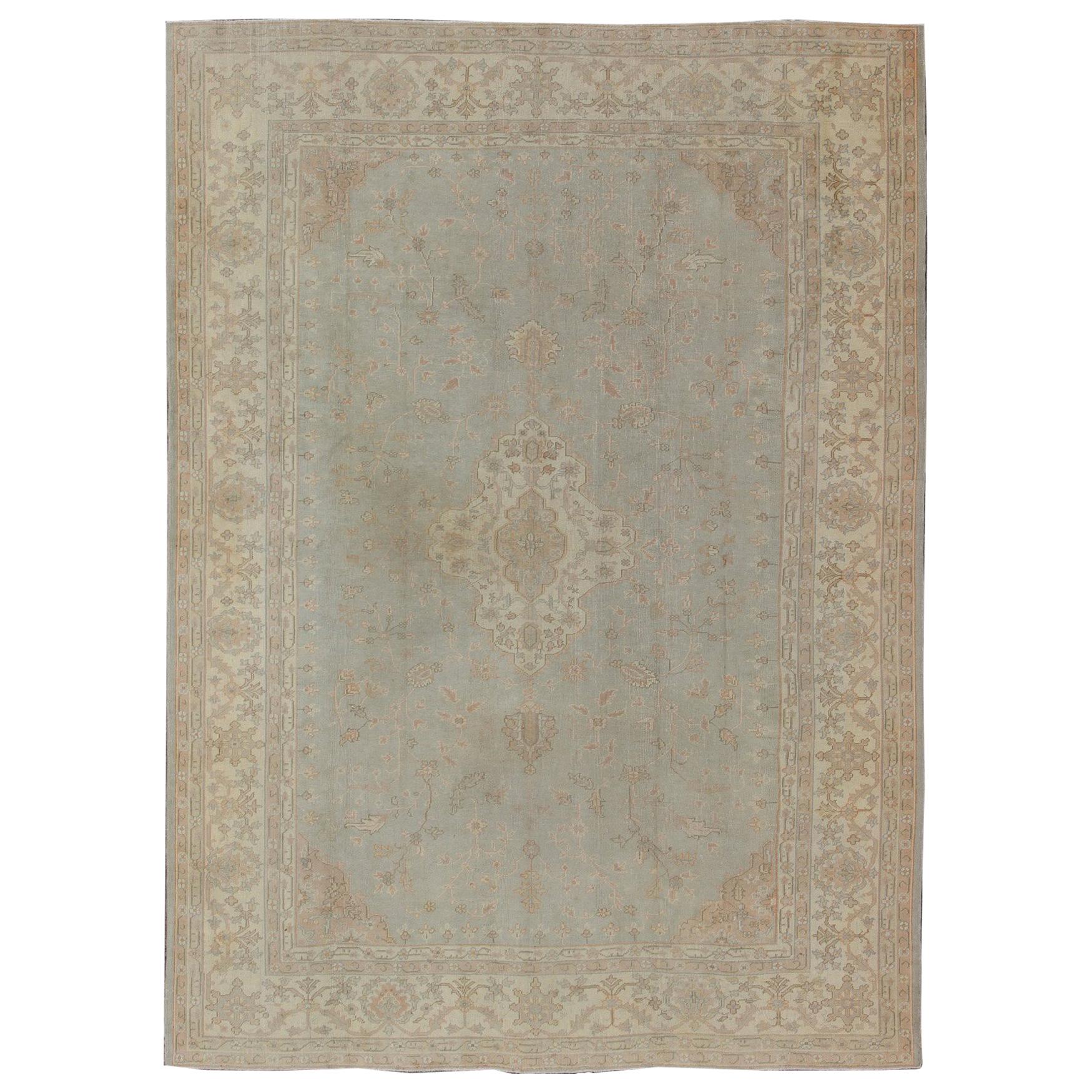 Antique Oushak Carpet in Pale Gray Blue, Taupe, Pink, Ivory and Light Salmon For Sale