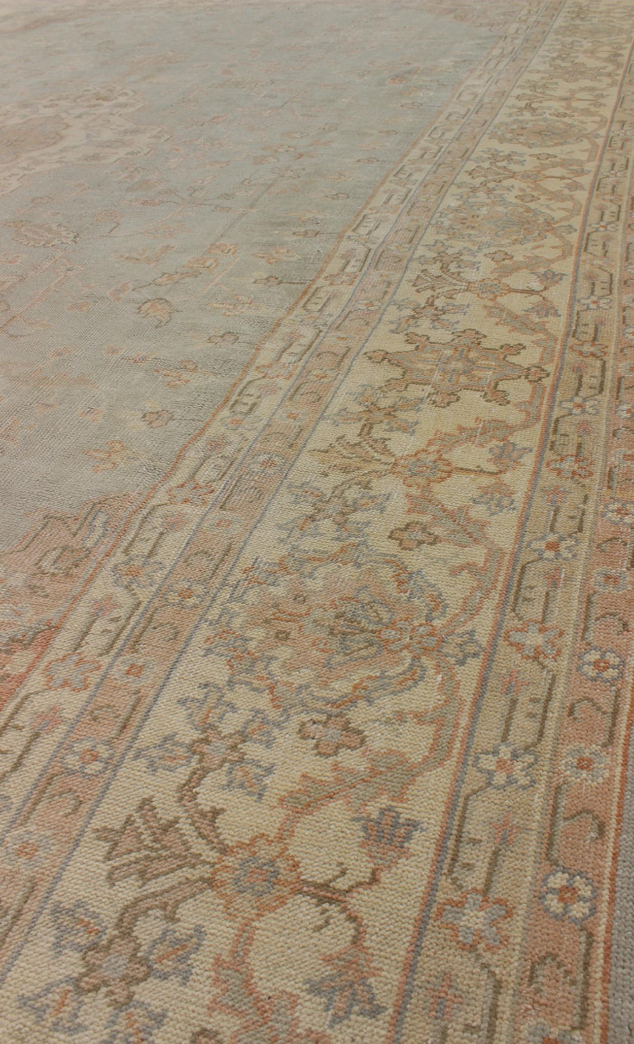 Antique Oushak Carpet in Pale Gray Blue, Taupe, Pink, Ivory and Light Salmon For Sale 2