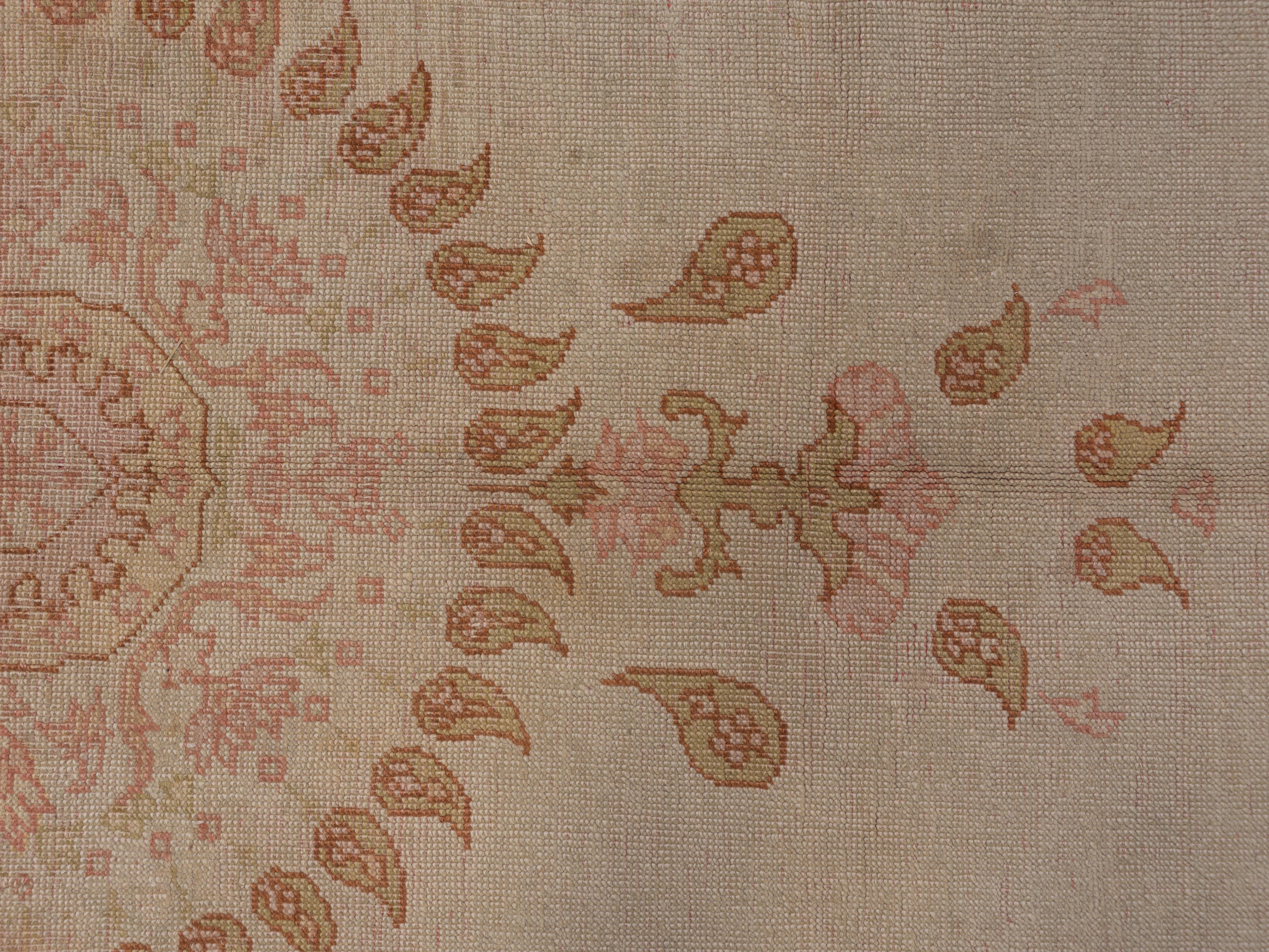 Antique Oushak Carpet, Ivory Field, Orange Accents, circa 1920s For Sale 3